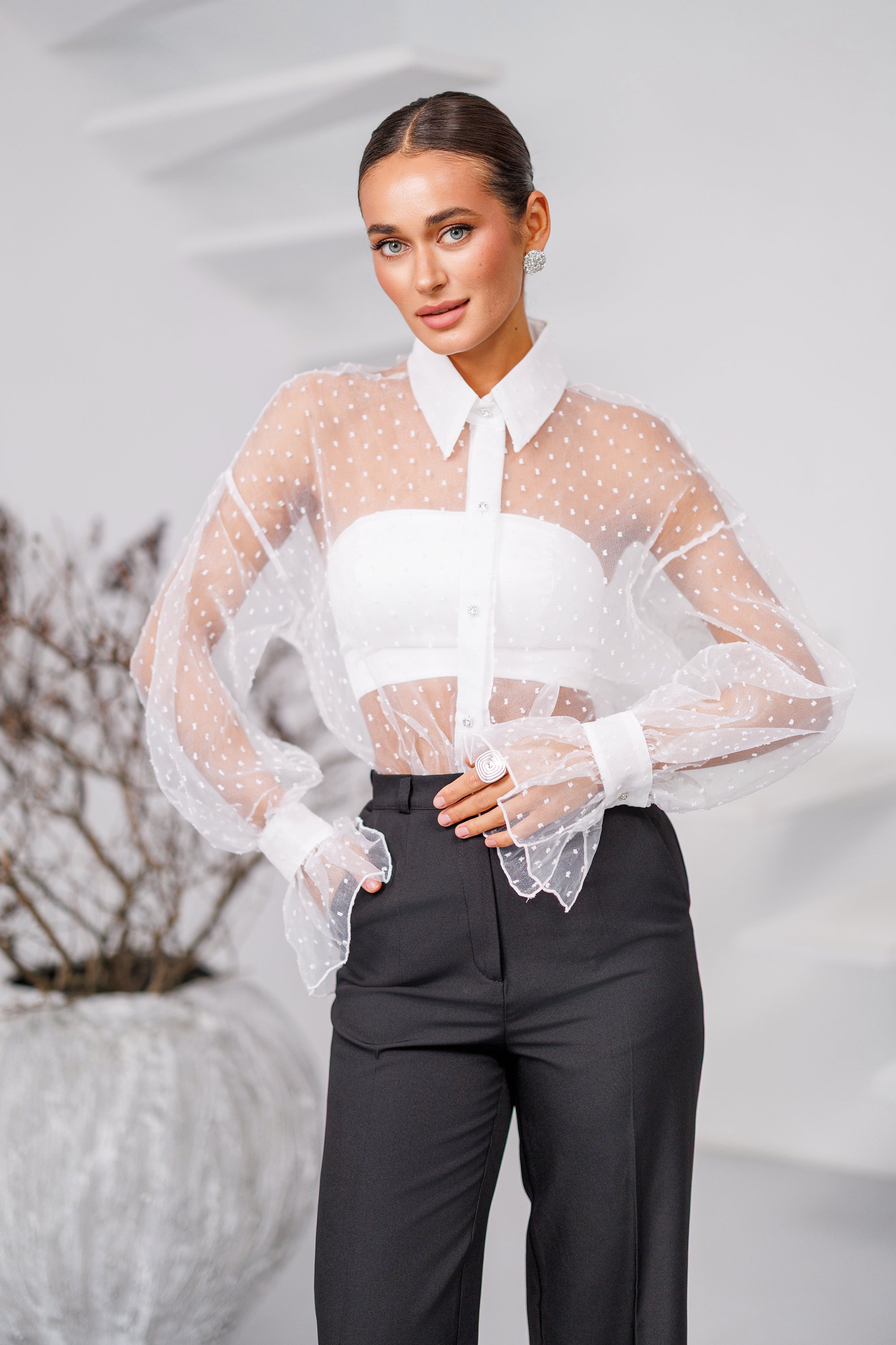 Eleonora White Sheer Organza Polka-Dot Blouse