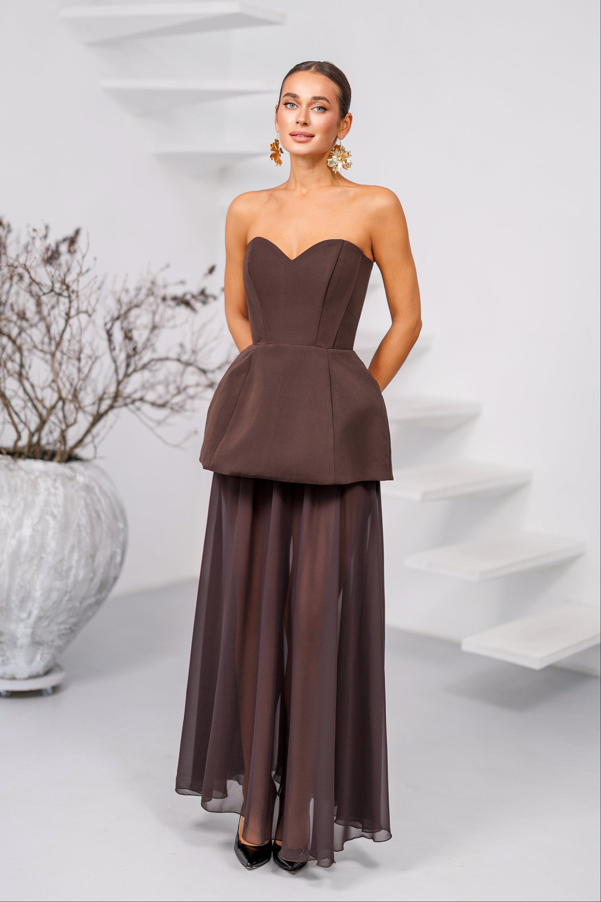 Beatrice Brown Strapless Sweetheart Chiffon Maxi Dress