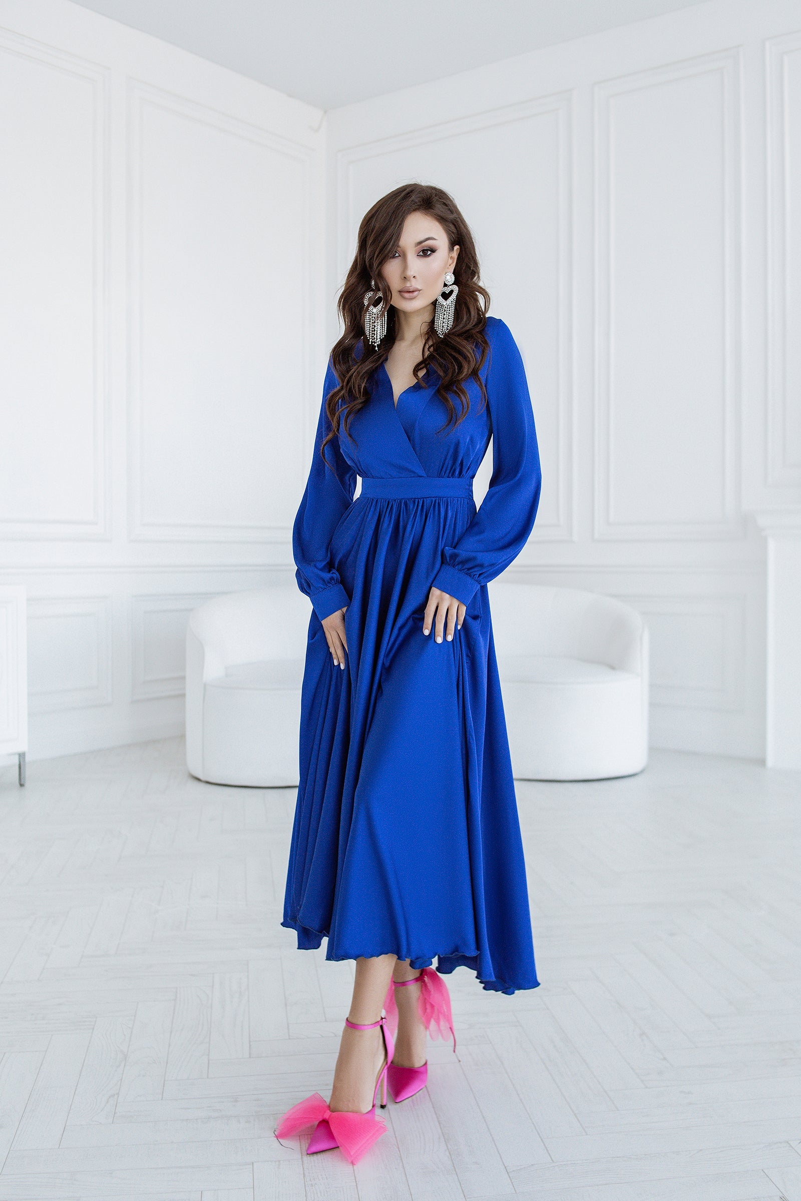 Adriana Blue Faux Silk Puff Sleeve Maxi Dress
