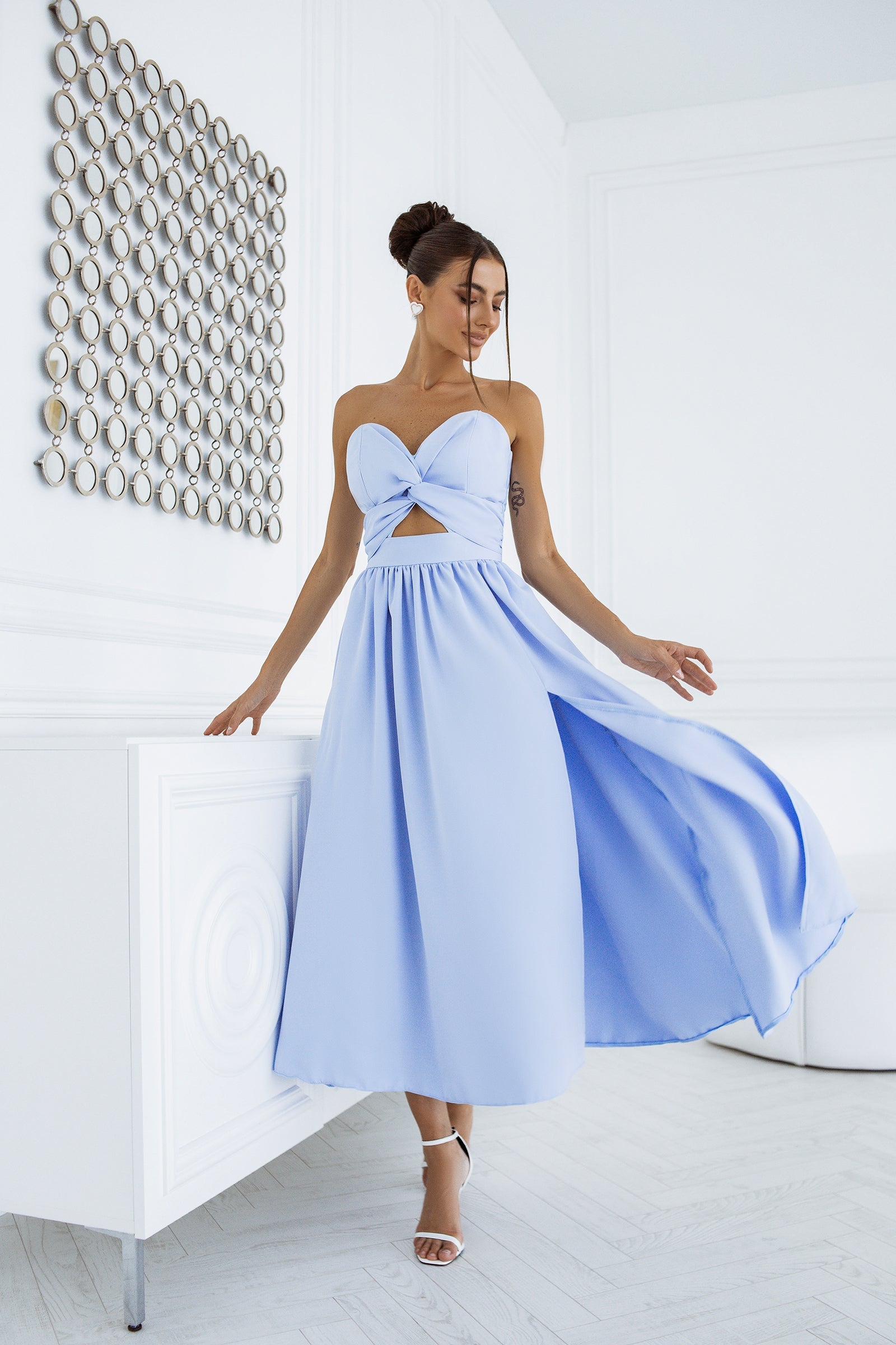 Aurora Sky-Blue Sweetheart Cut-Out Crepe Midi Dress