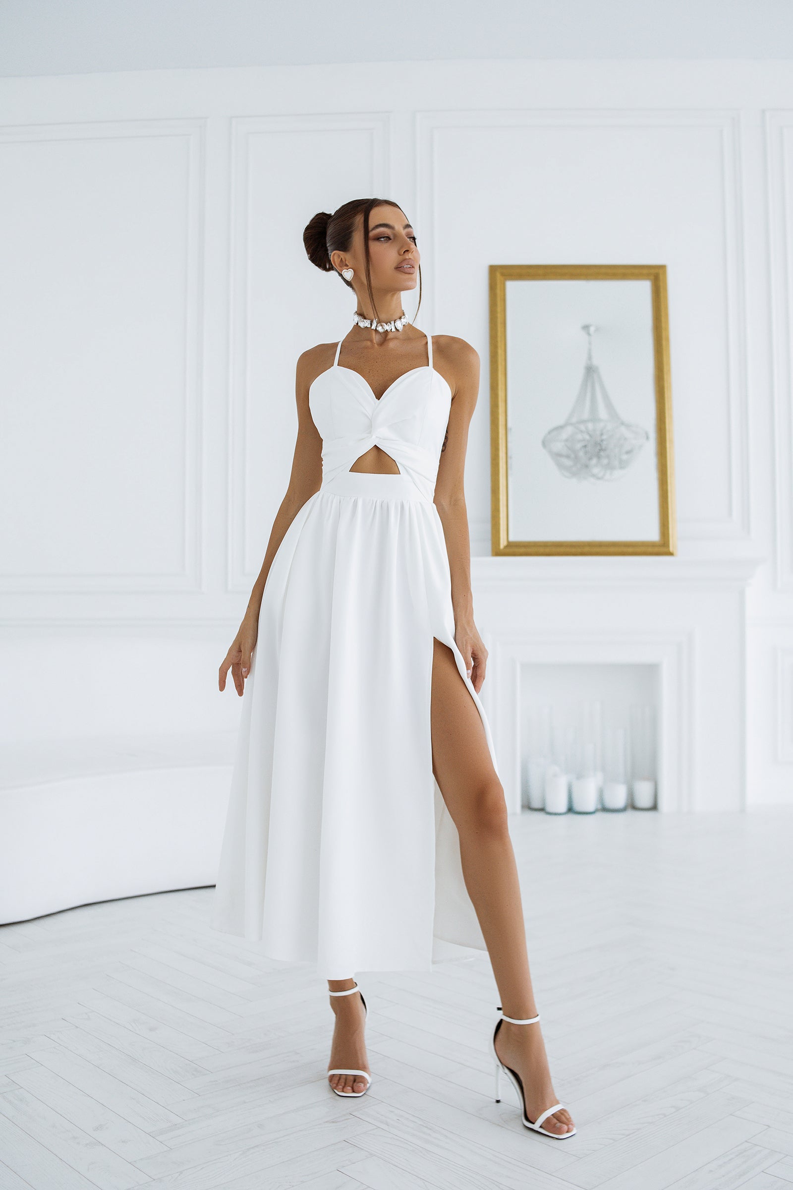 Aurora White Sweetheart Cut-Out Crepe Midi Dress