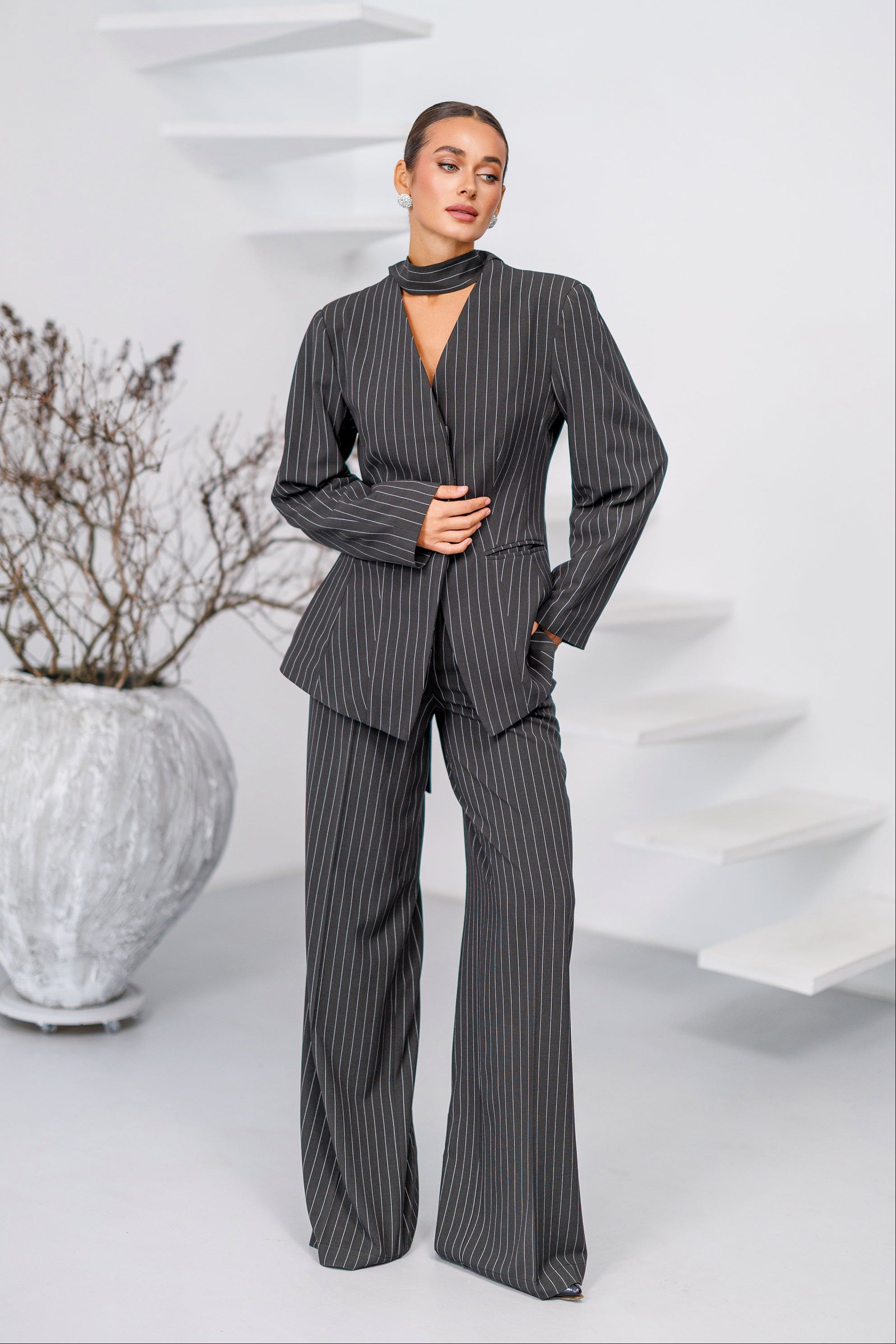 Adriana Dark Grey Striped Scarf-Neck Single-Breasted Suit Two-Piece