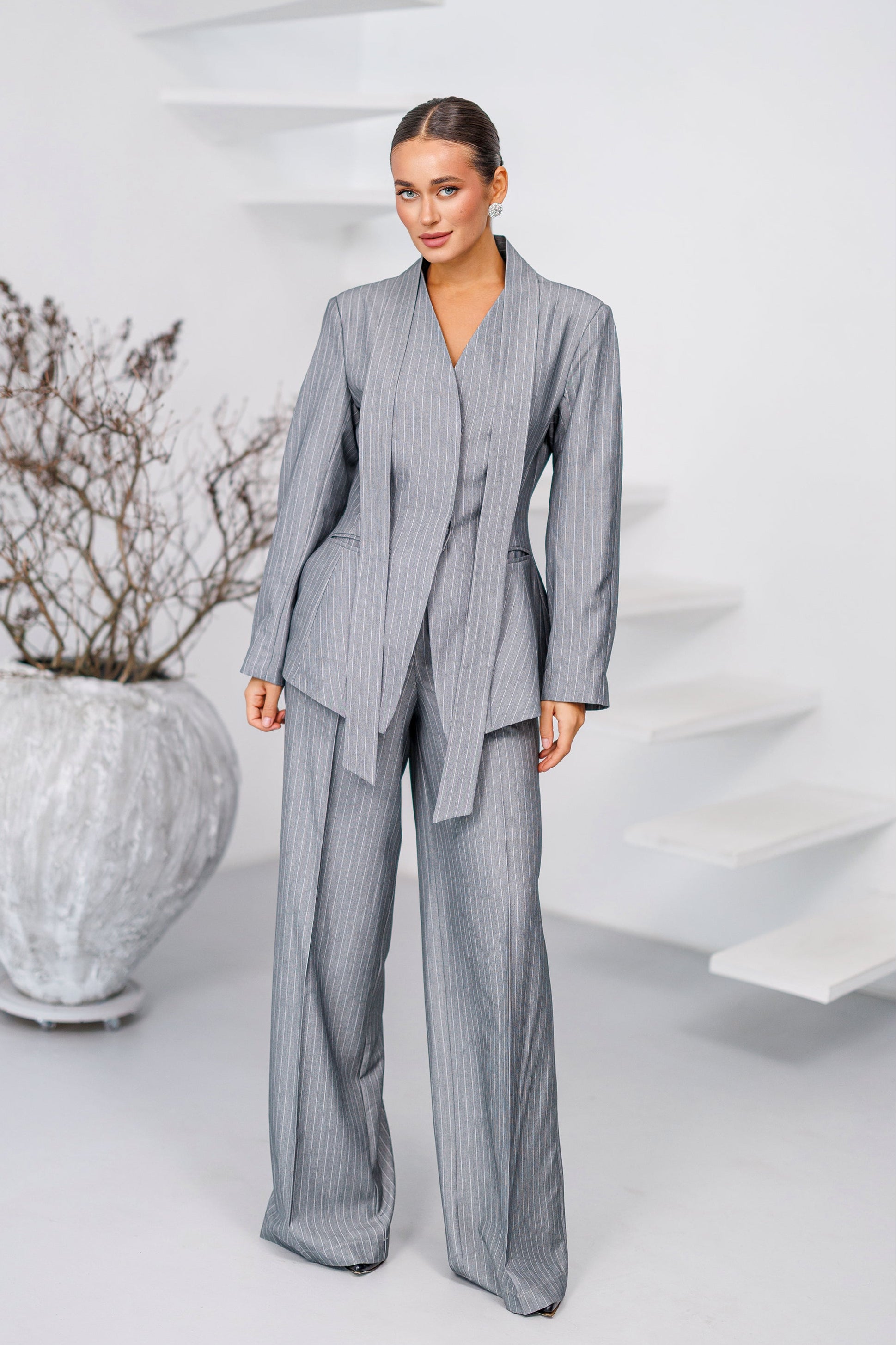 Adriana Grey Striped Scarf-Neck Single-Breasted Suit Two-Piece