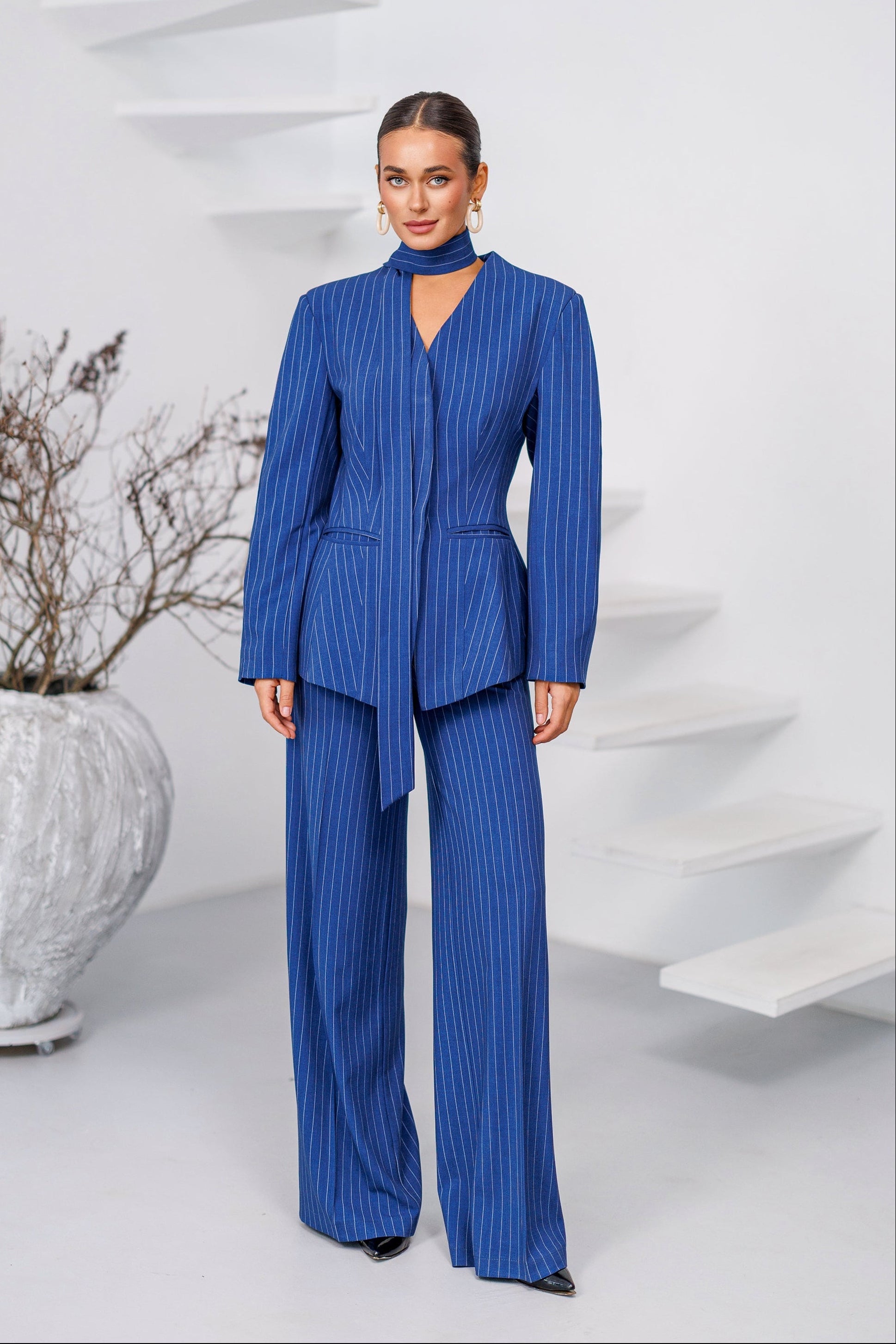 Adriana Navy Striped Scarf-Neck Single-Breasted Suit Two-Piece