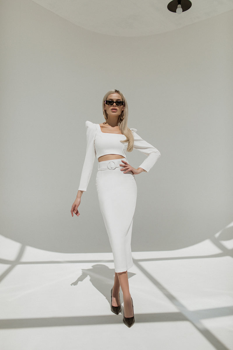 Giulia White Crepe Long-Sleeve Top & Maxi Skirt Two-Piece Set