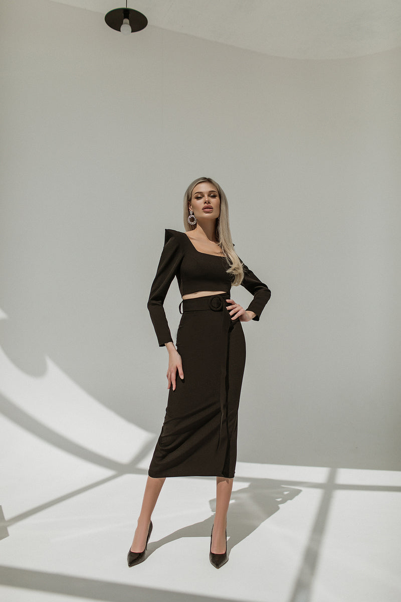 Giulia Black Long Sleeve Two-Piece Top & Maxi Skirt Set