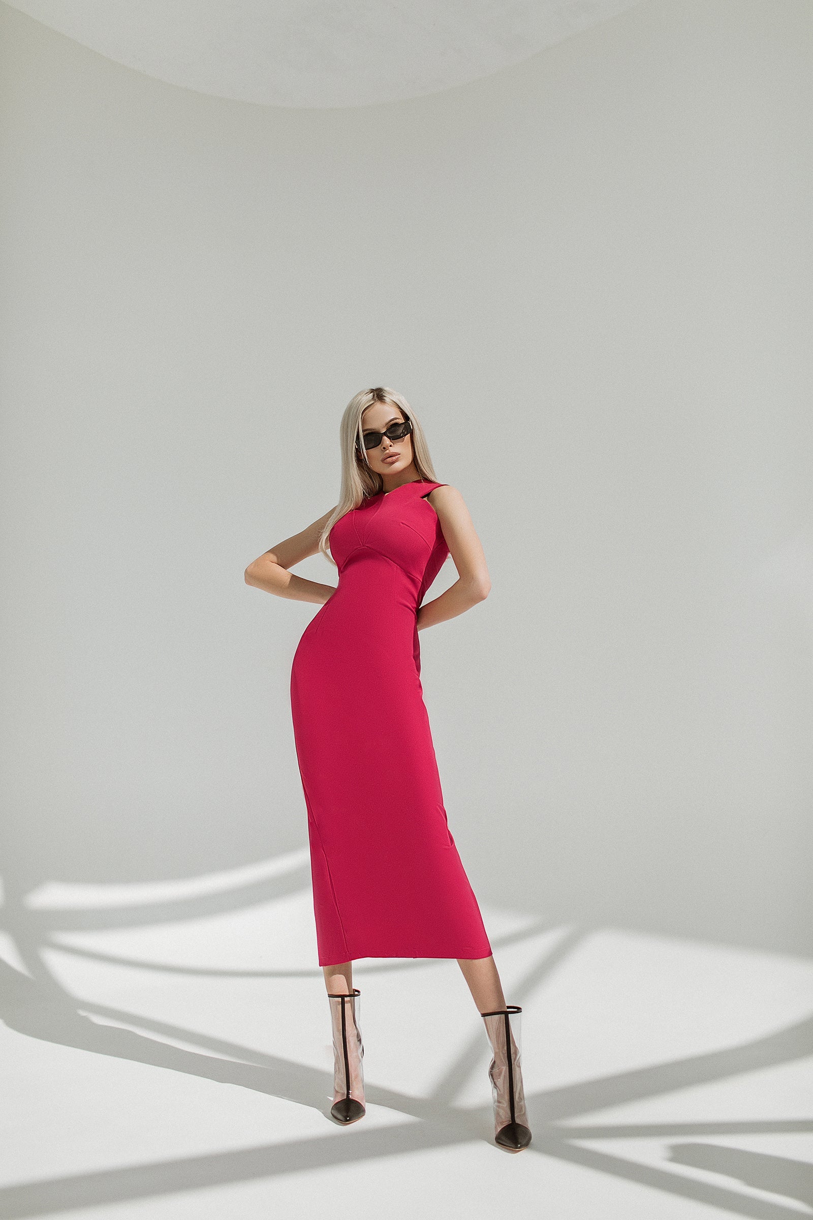 Beatrice Crimson Sleeveless Crepe Diagonal Midi Dress