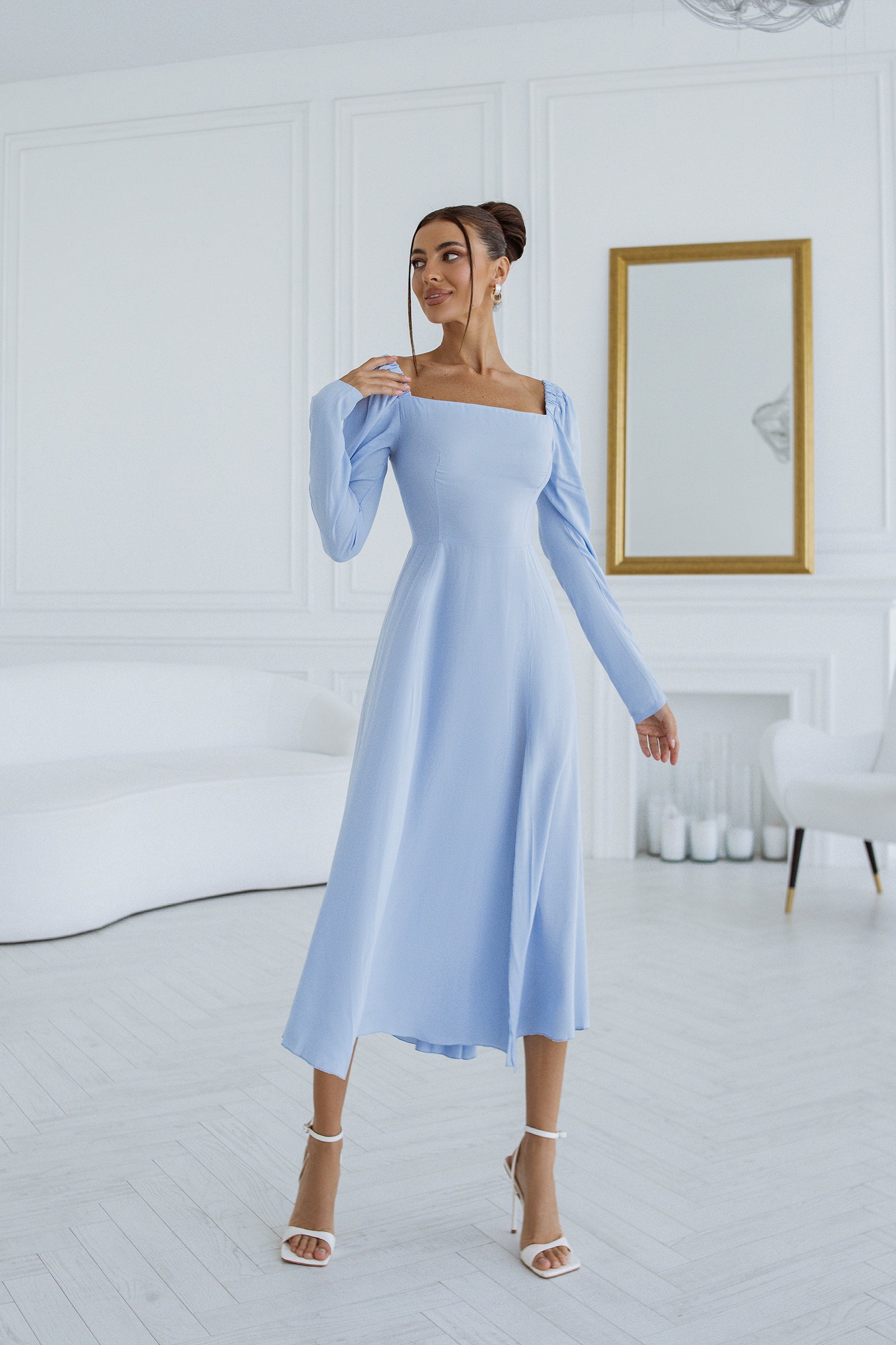 Beatrice Sky-Blue Square-Neck Puff-Sleeve Midi Dress
