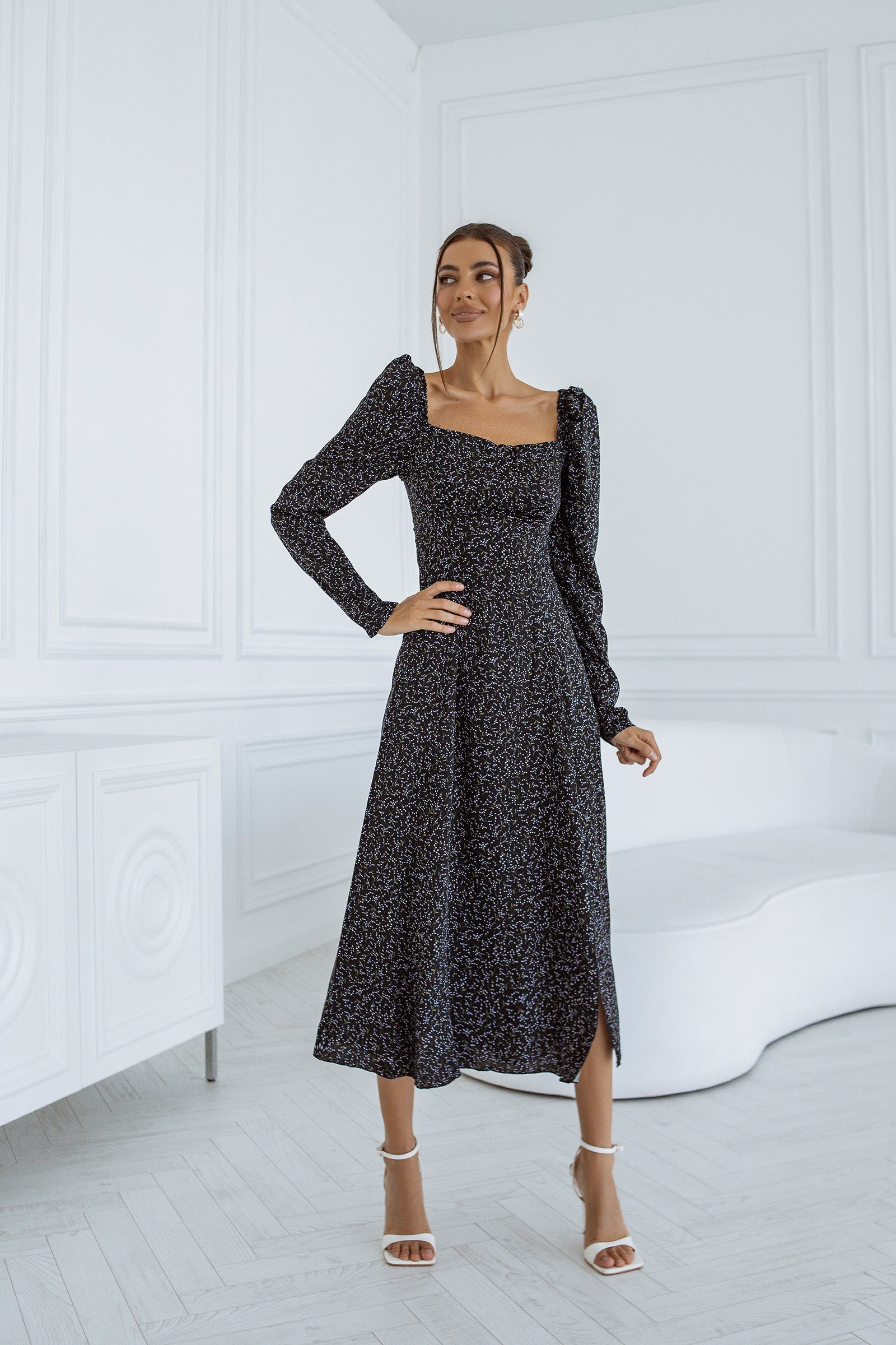 Beatrice Black Square-Neck Puff-Sleeve Midi Dress