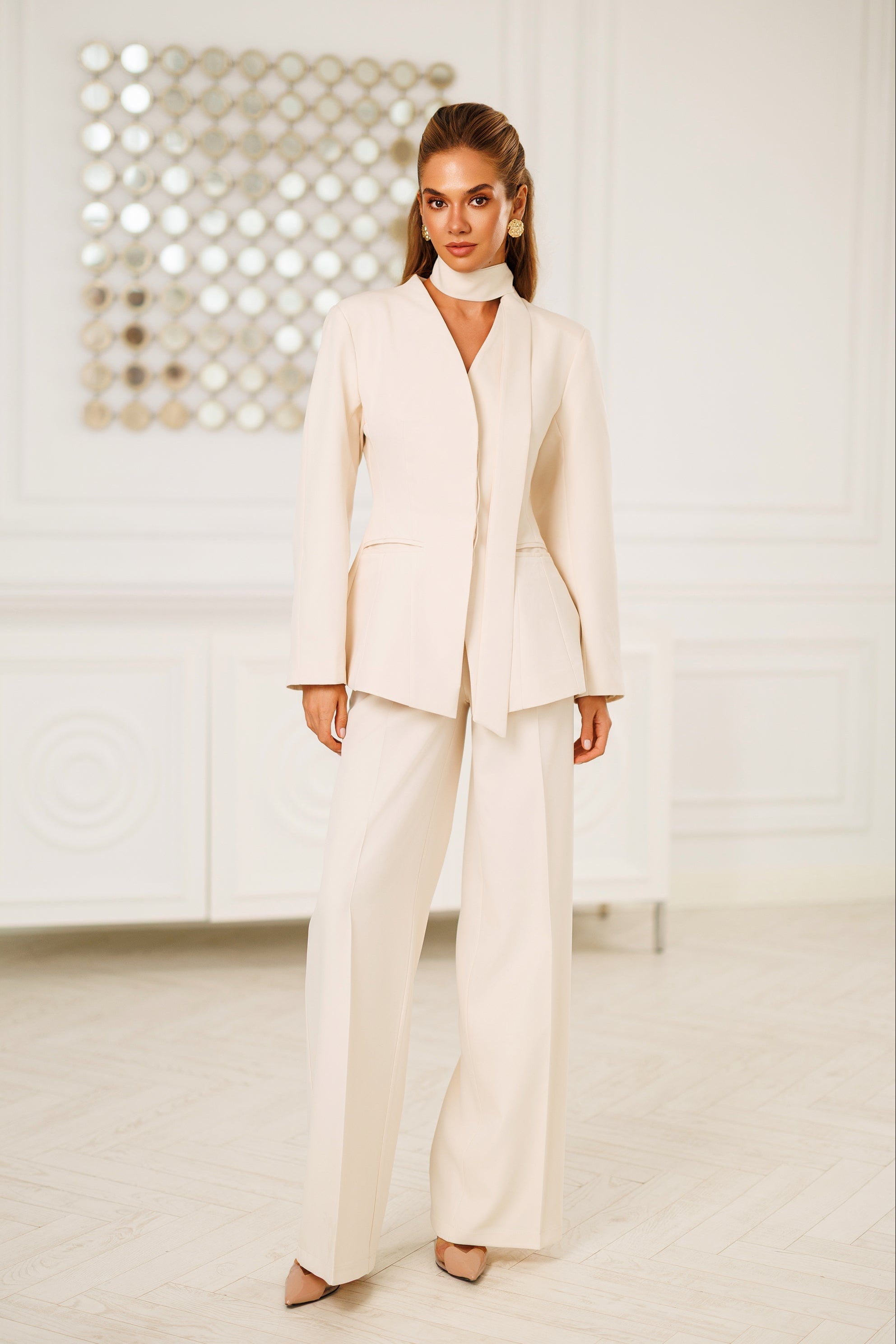 Adriana Beige Scarf-Neck Single-Breasted Crepe Suit Two-Piece