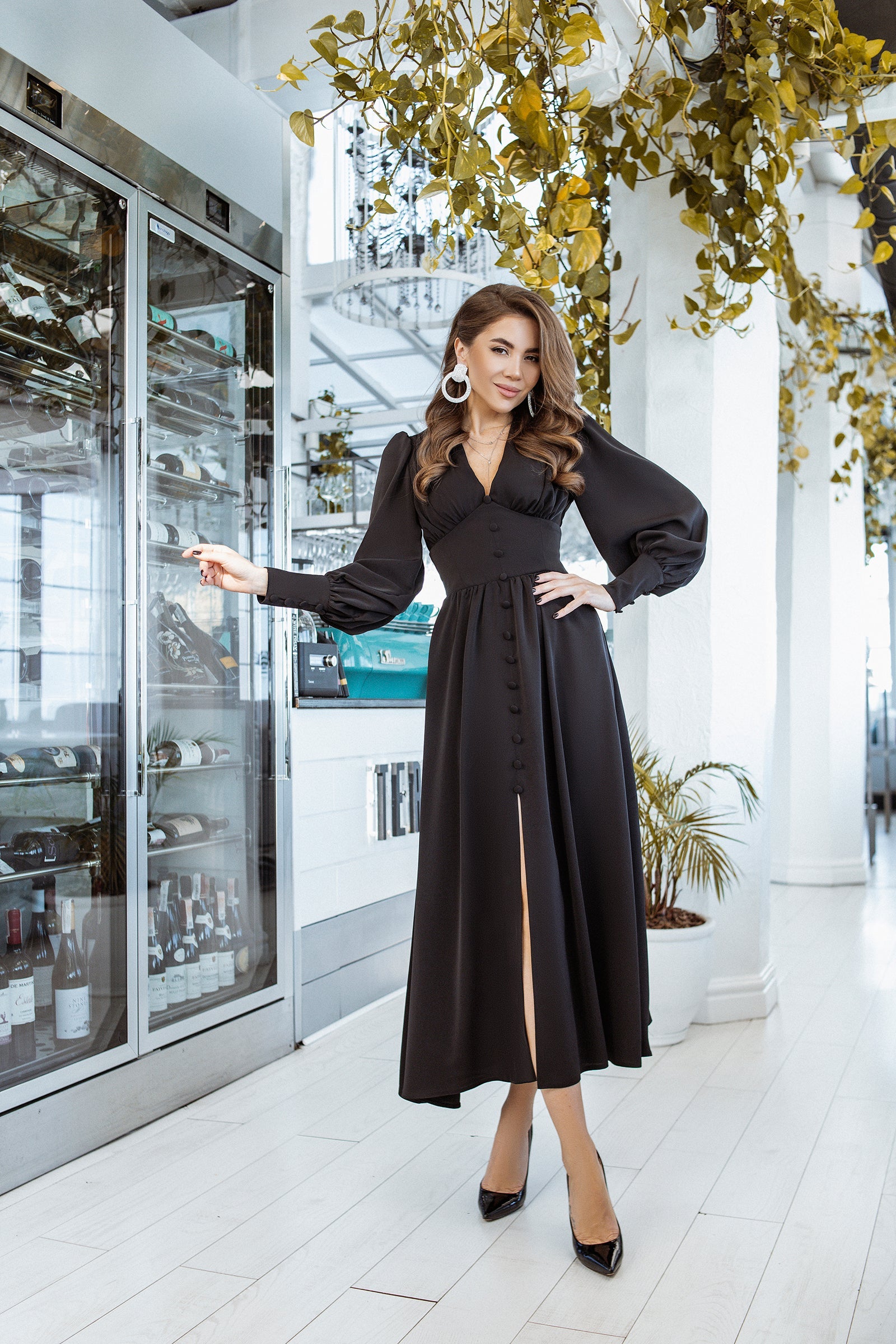Adriana Black V-Neck Puff-Sleeve Buttoned Midi Dress