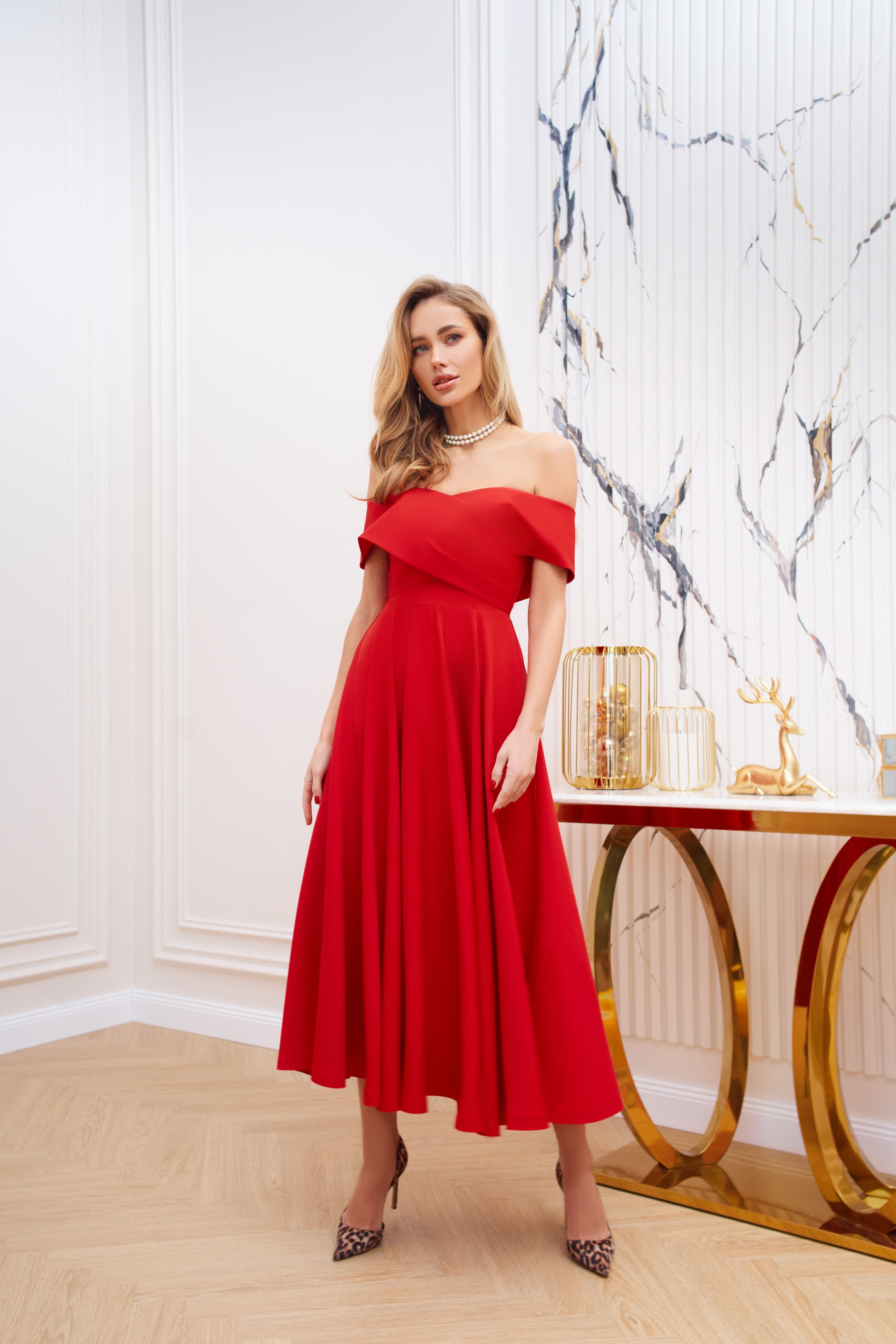 Adriana Red Off-The-Shoulder Crepe Midi Dress