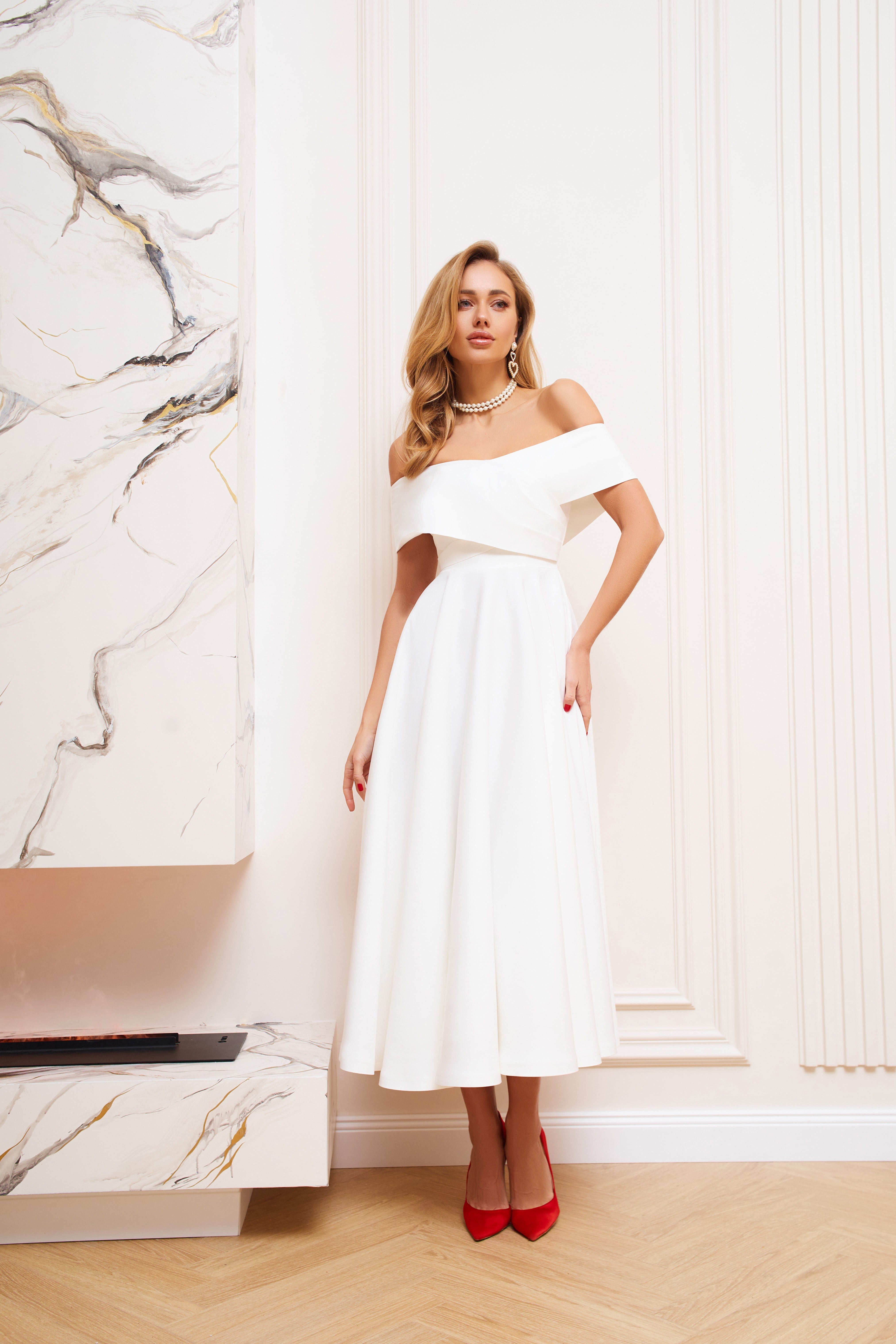 Adriana White Off-The-Shoulder Crepe Midi Dress