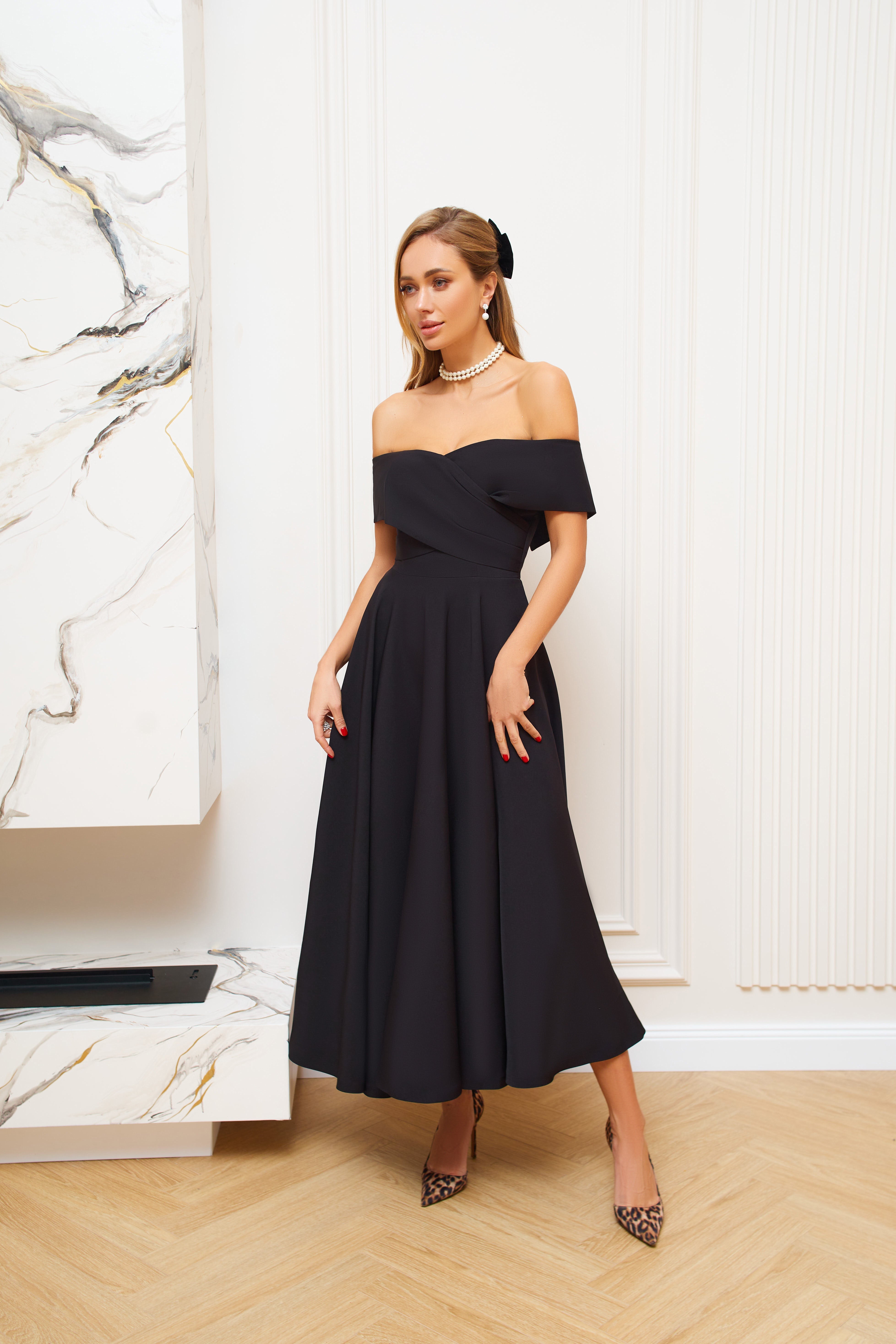 Adriana Black Off-The-Shoulder Crepe Midi Dress