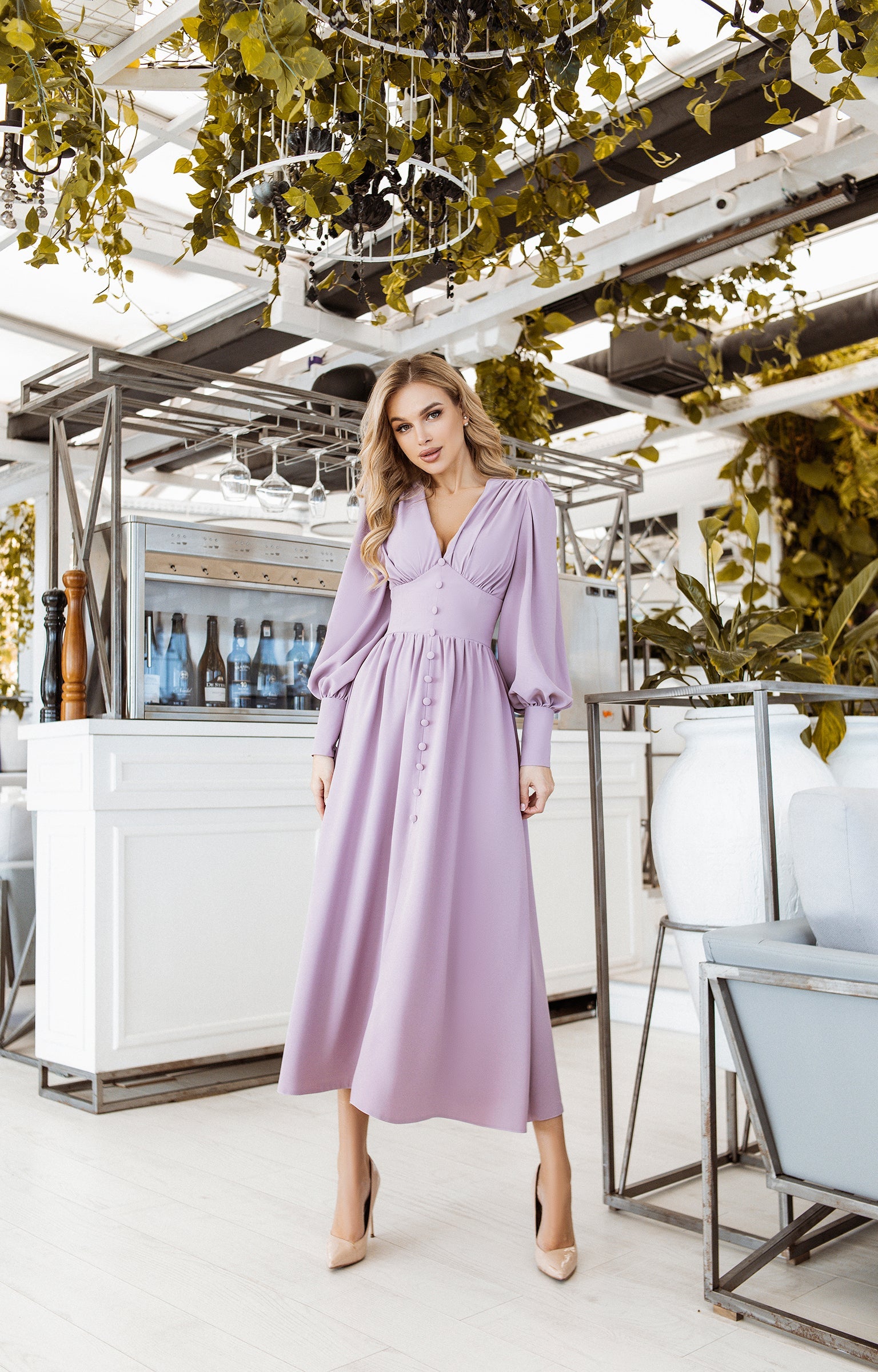 Adriana Dusty Pink V-Neck Puff-Sleeve Buttoned Midi Dress