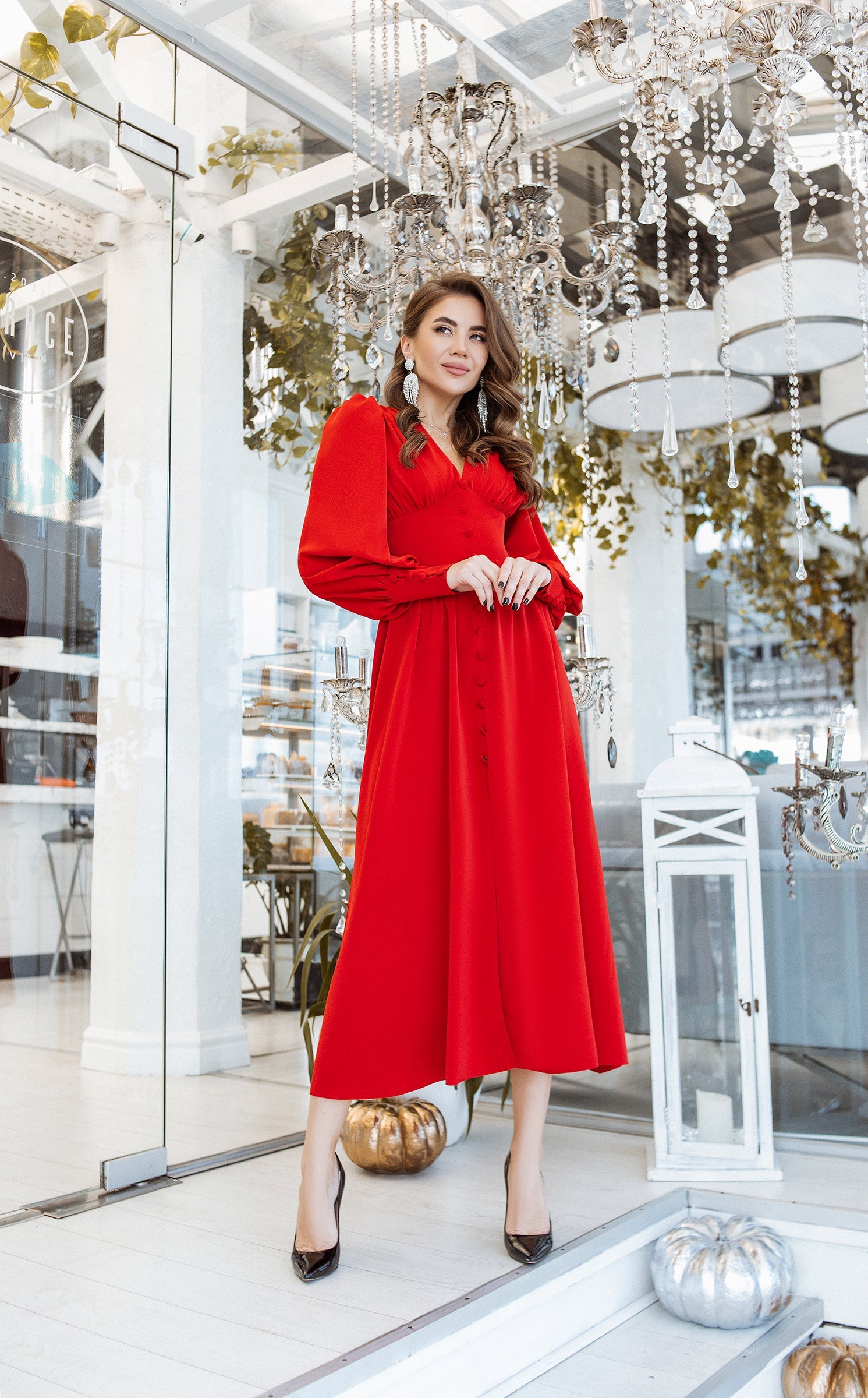 Adriana Red V-Neck Puff-Sleeve Buttoned Midi Dress