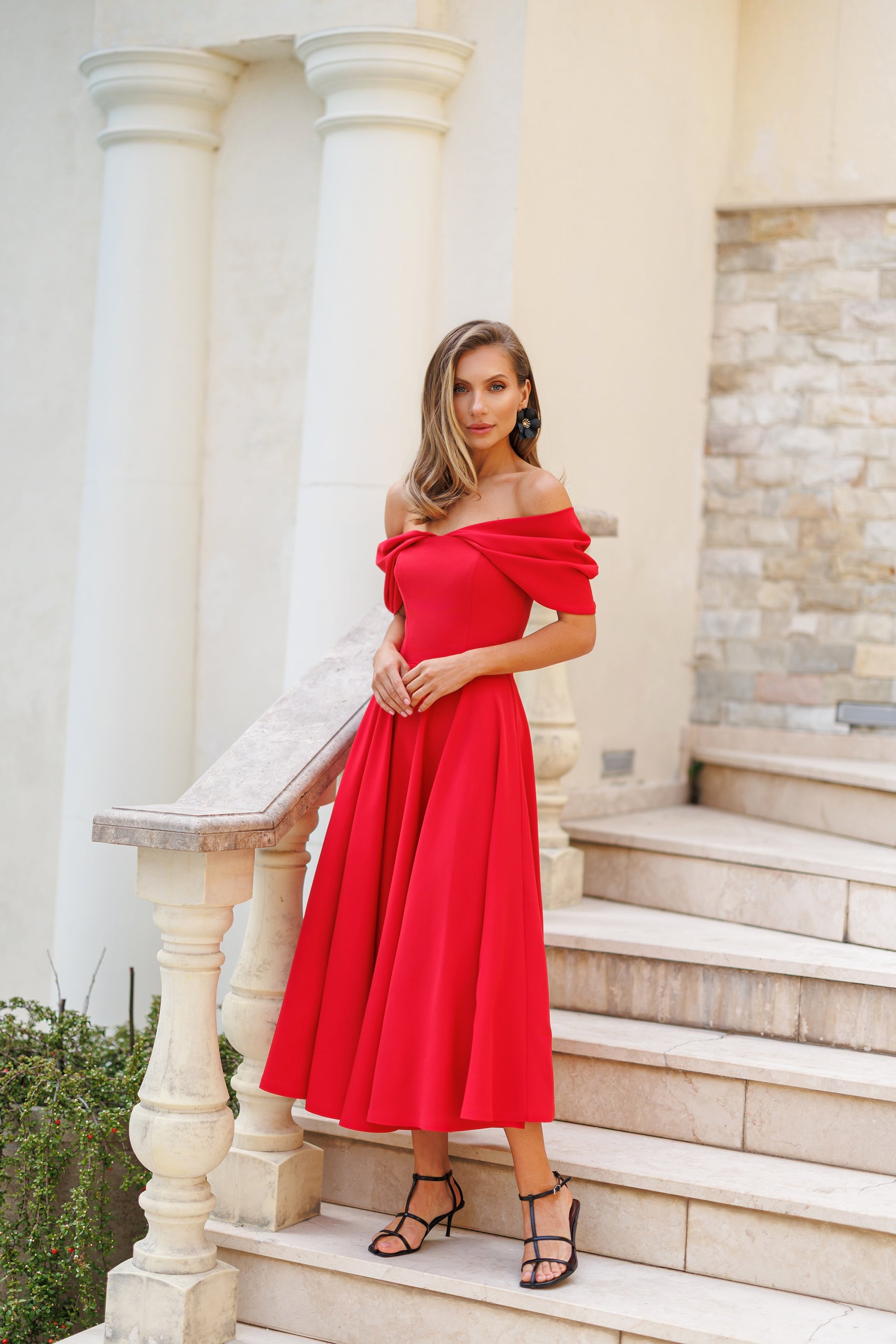 Aurora Red Off-The-Shoulder Draped Sleeve Midi Dress