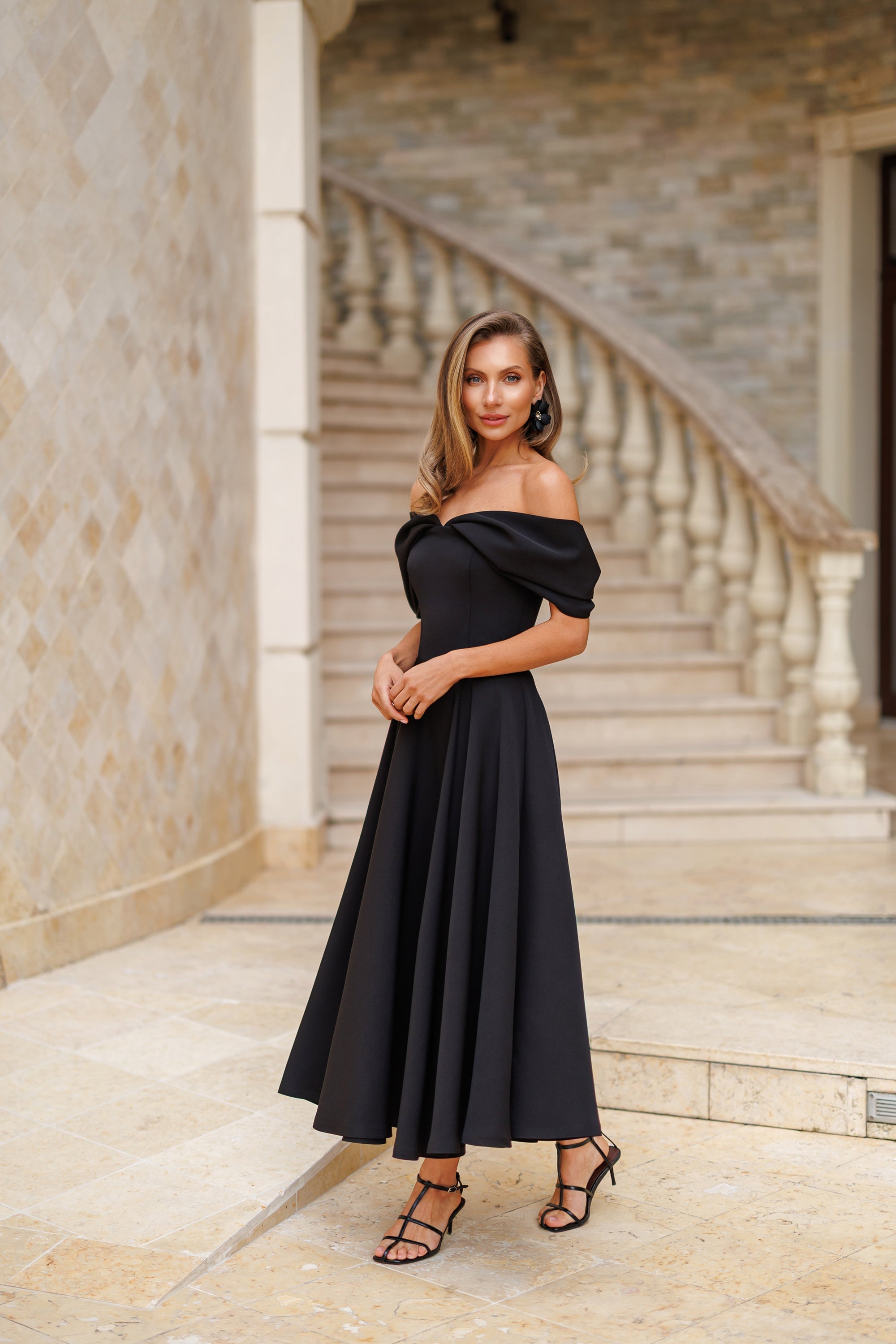 Aurora Black Off-The-Shoulder Draped Sleeve Midi Dress