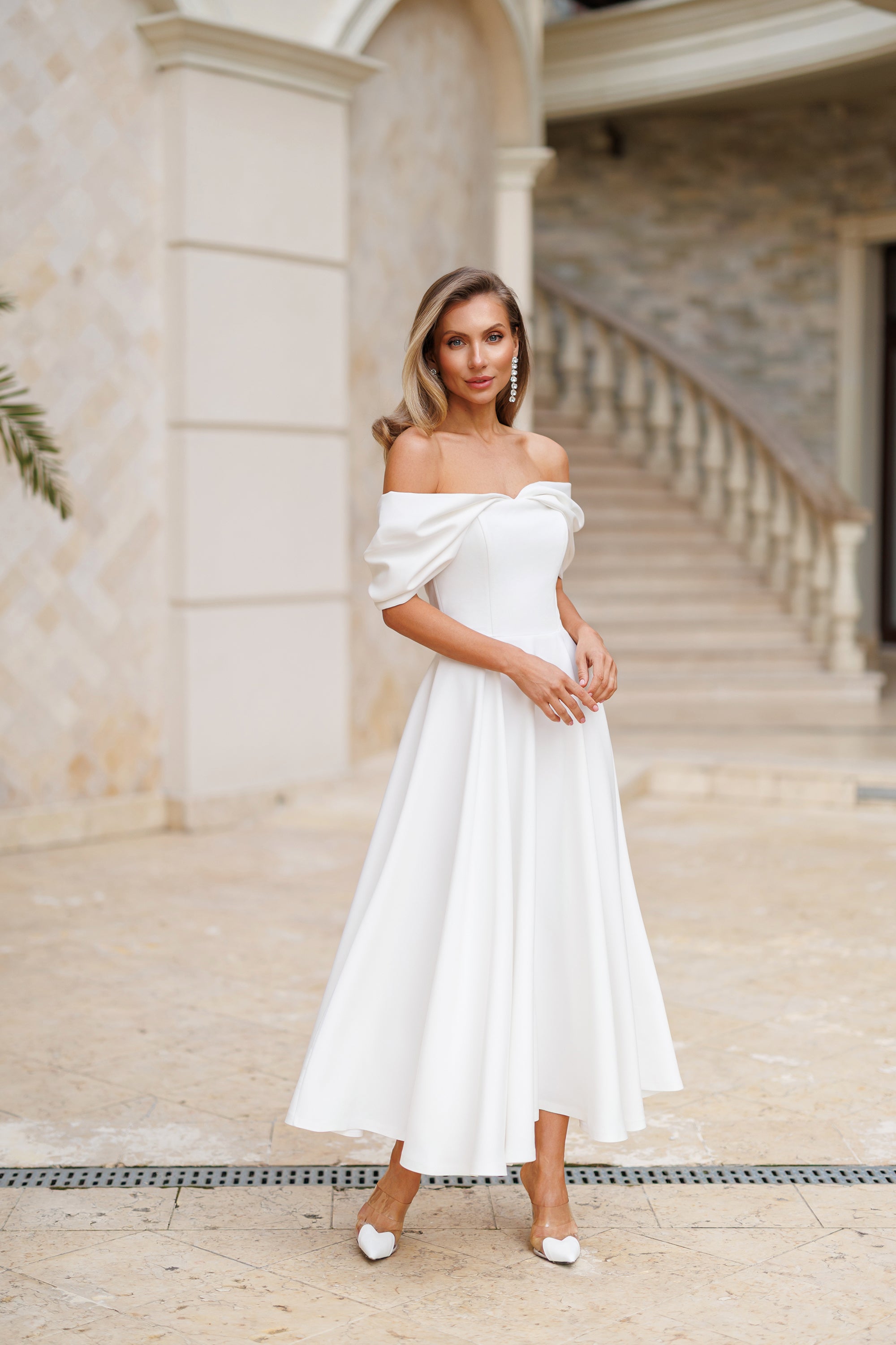 Aurora White Off-The-Shoulder Draped Sleeve Midi Dress