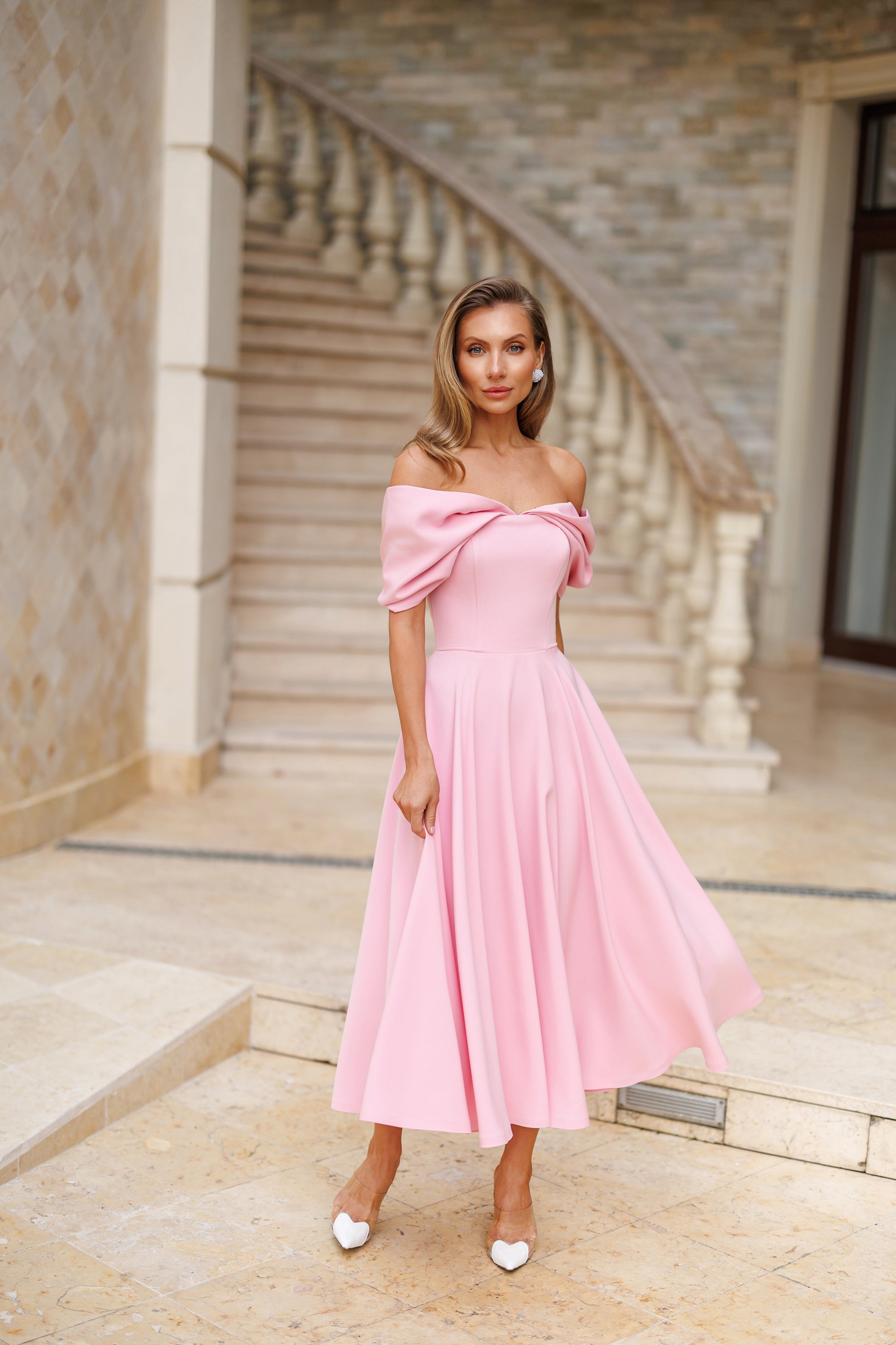 Aurora Pink Off-The-Shoulder Draped Sleeve Midi Dress