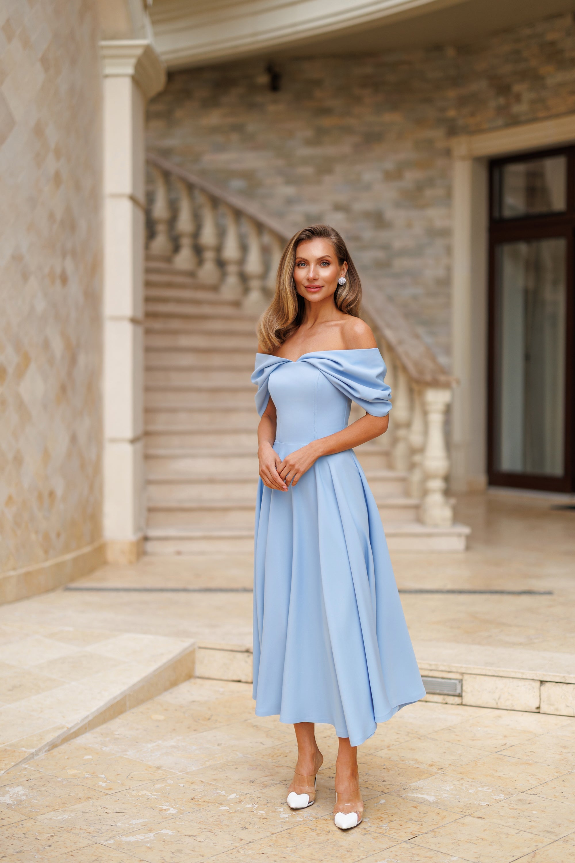 Aurora Sky-Blue Off-The-Shoulder Draped Sleeve Midi Dress