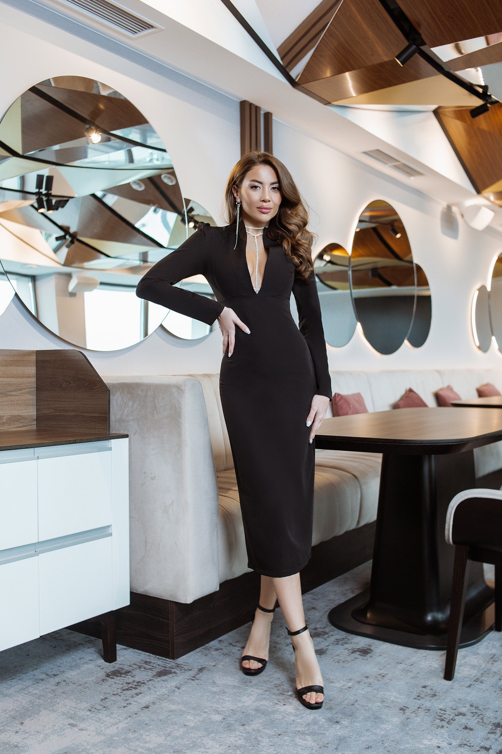 Francesca Black Long Sleeve Deep V-Neck Crepe Midi Dress