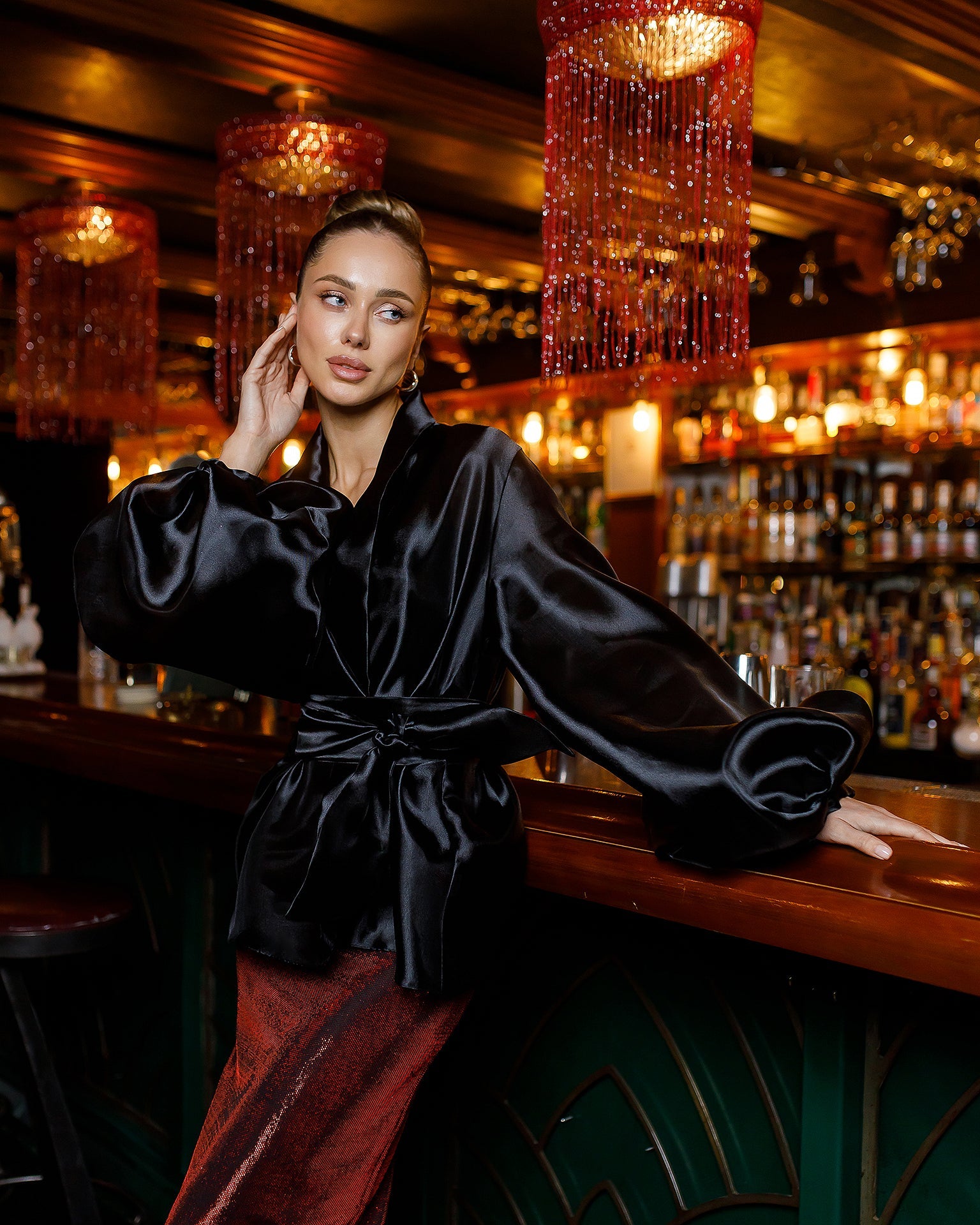 Beatrice Black Shawl-Collar Puff-Sleeve Belted Tunic Blouse