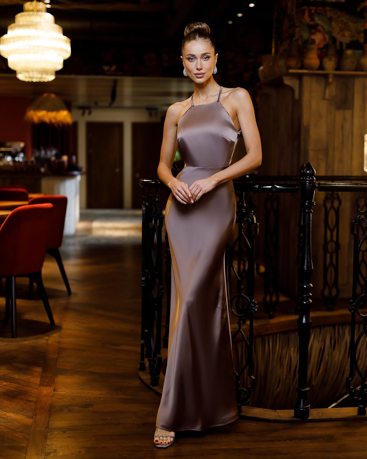 Chiara Mocca Satin Slip Maxi Dress