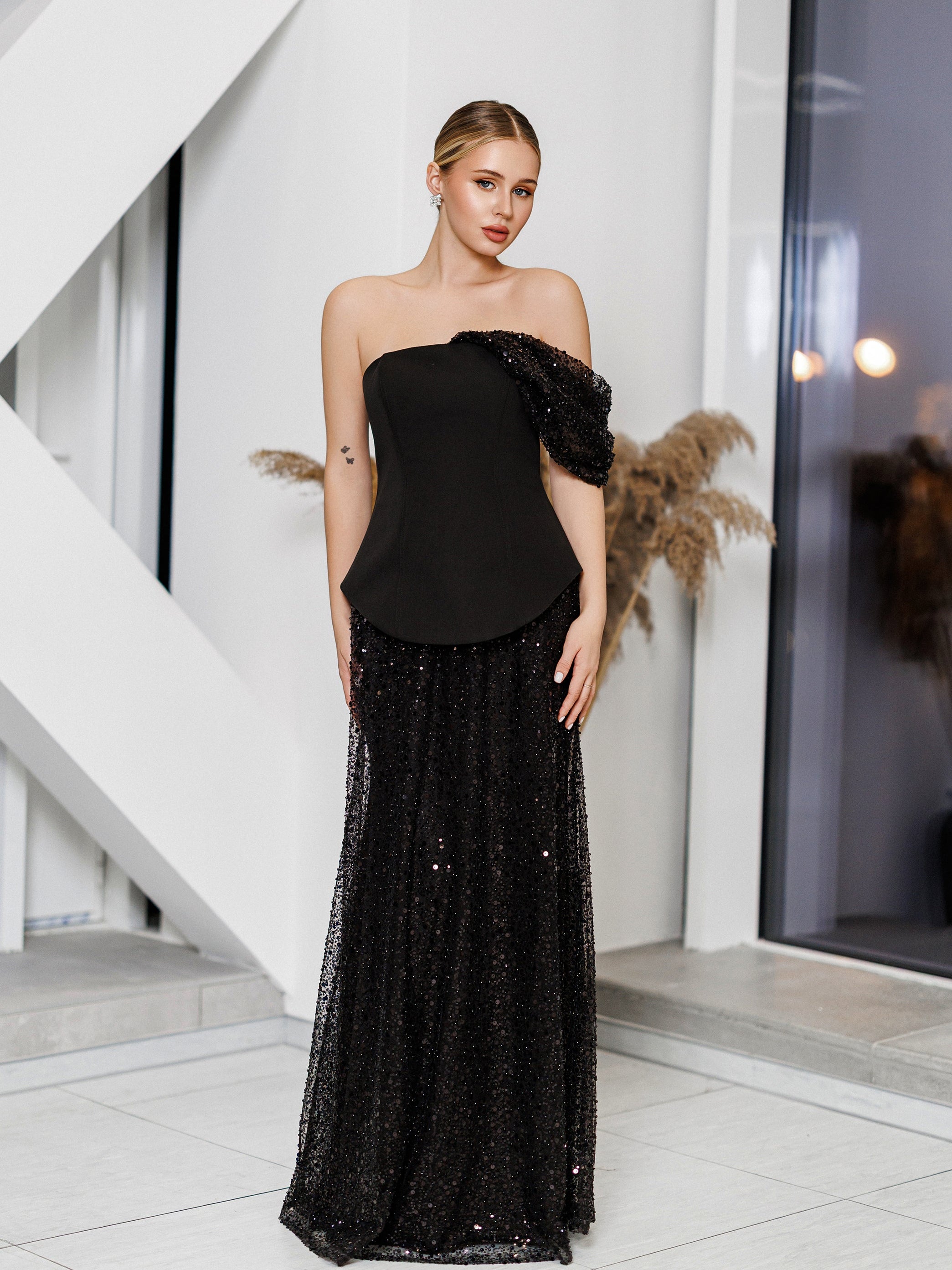 Isabella Black Sequin Off-Shoulder Maxi Dress