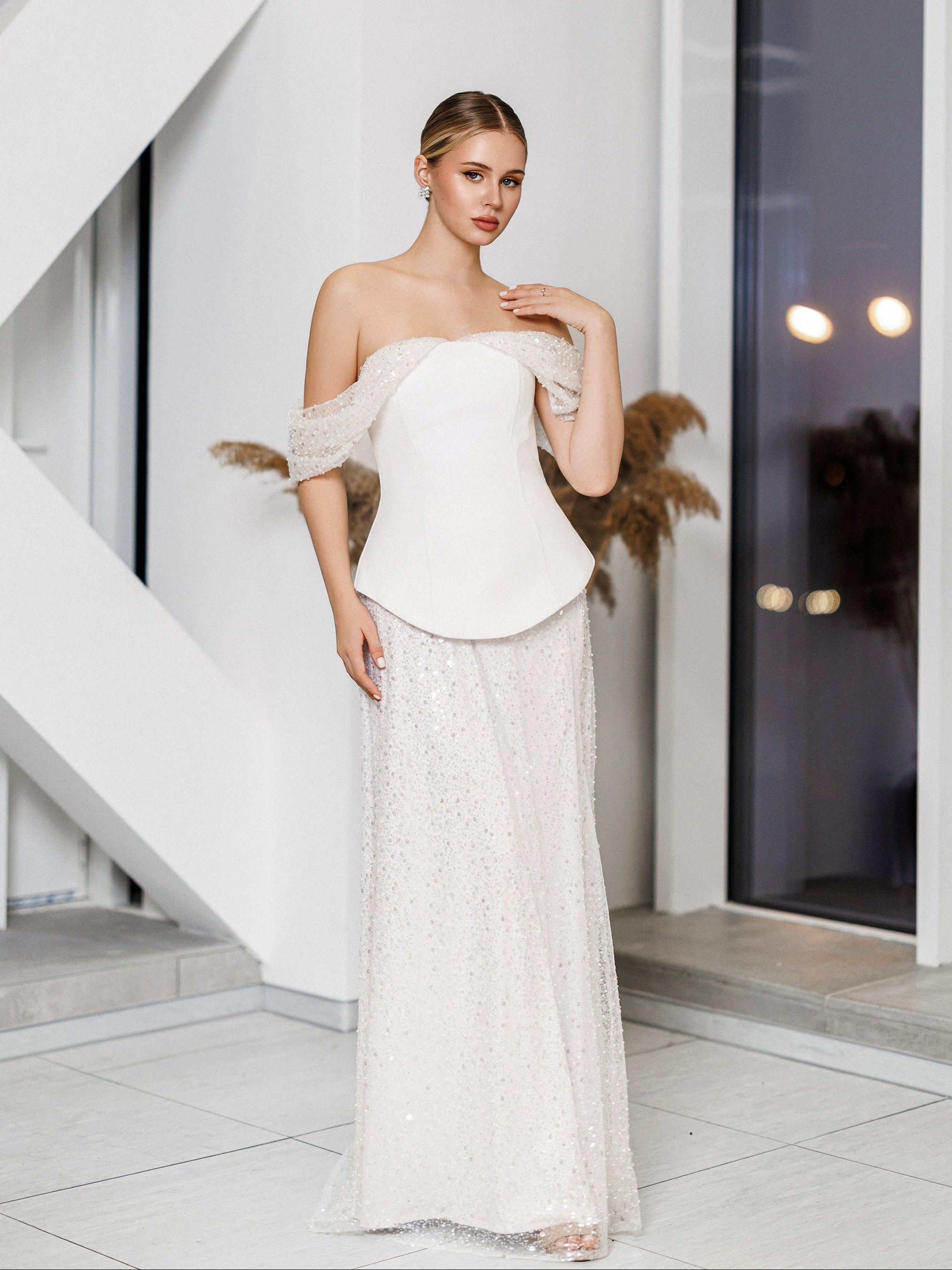 Isabella White Sequin Off-Shoulder Maxi Dress