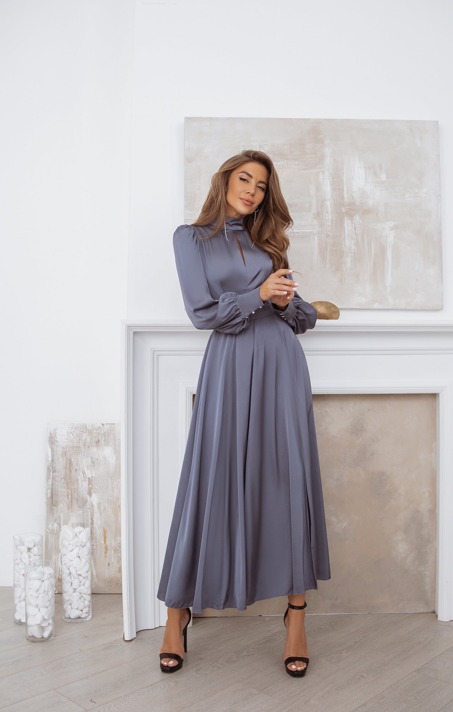Beatrice Graphite Faux Silk Long Sleeve Maxi Dress