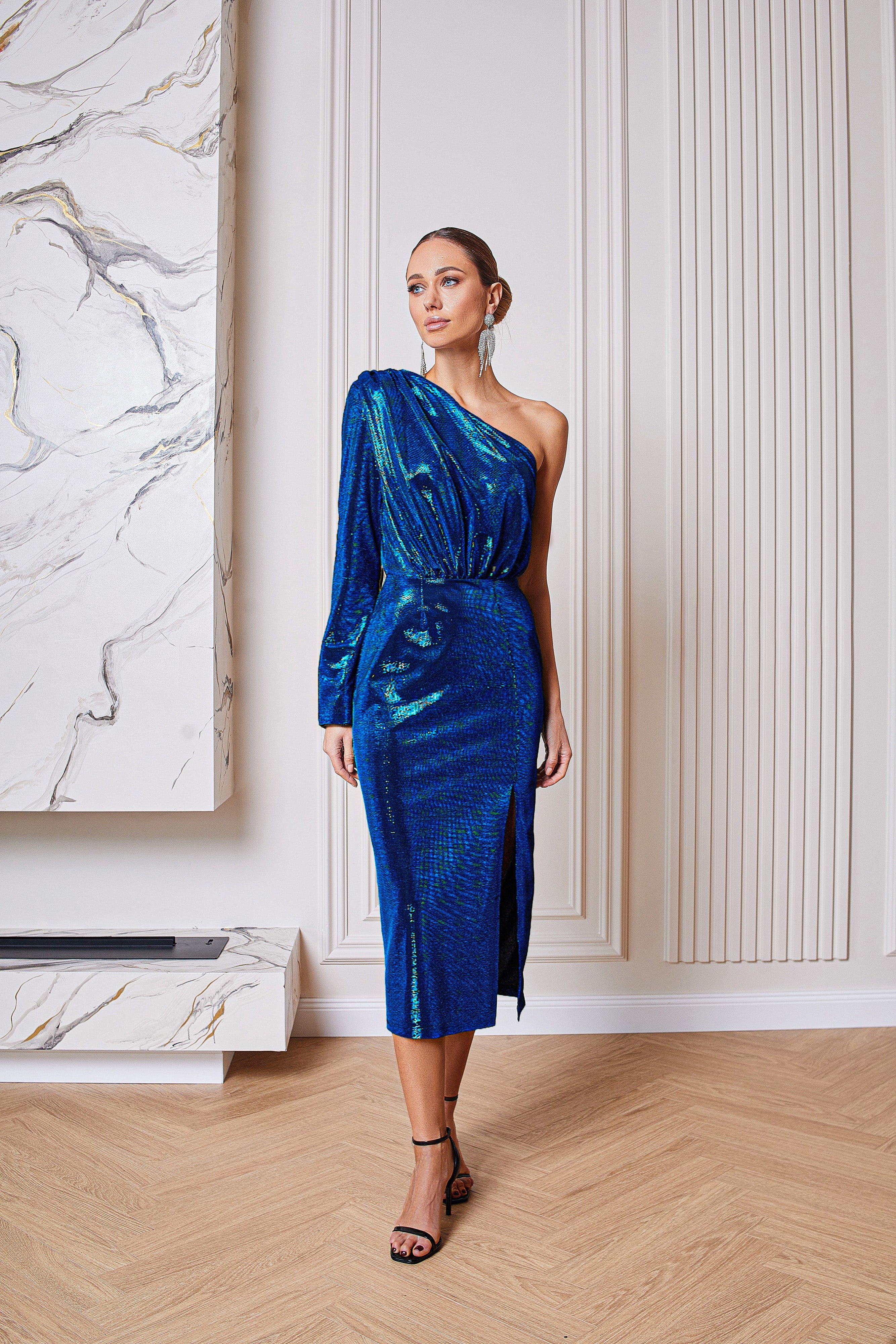 Aurora Blue Sequin One-Shoulder Midi Dress