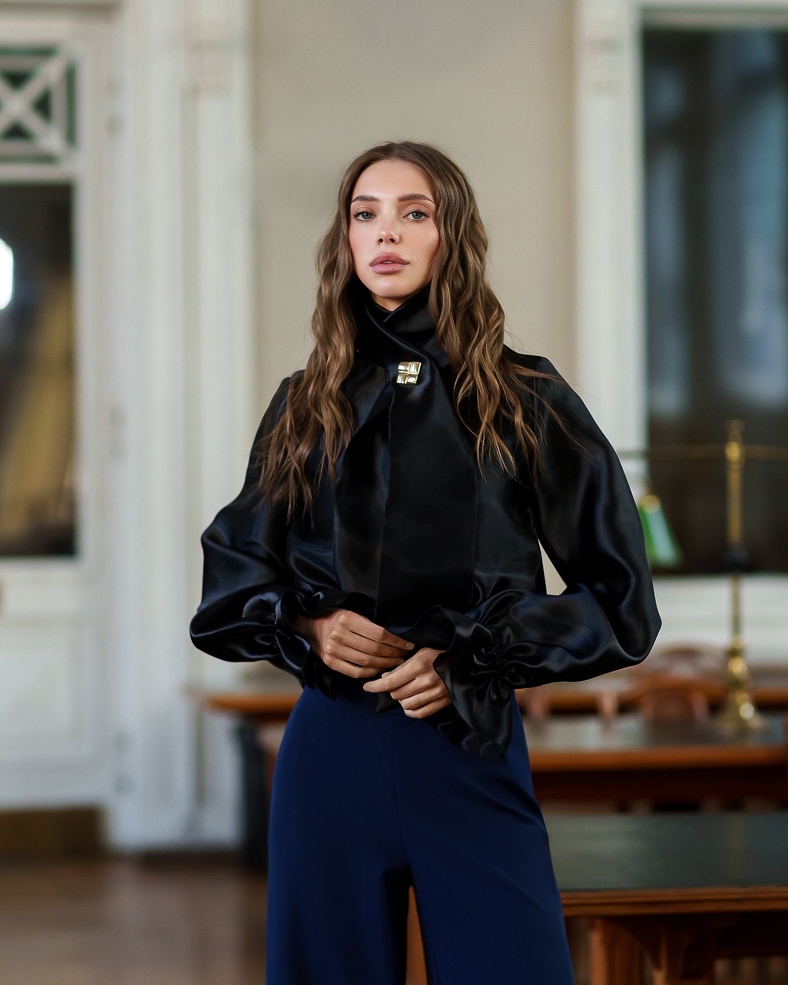 Adriana Black Sheer Organza Bow-Neck Puff Sleeve Blouse