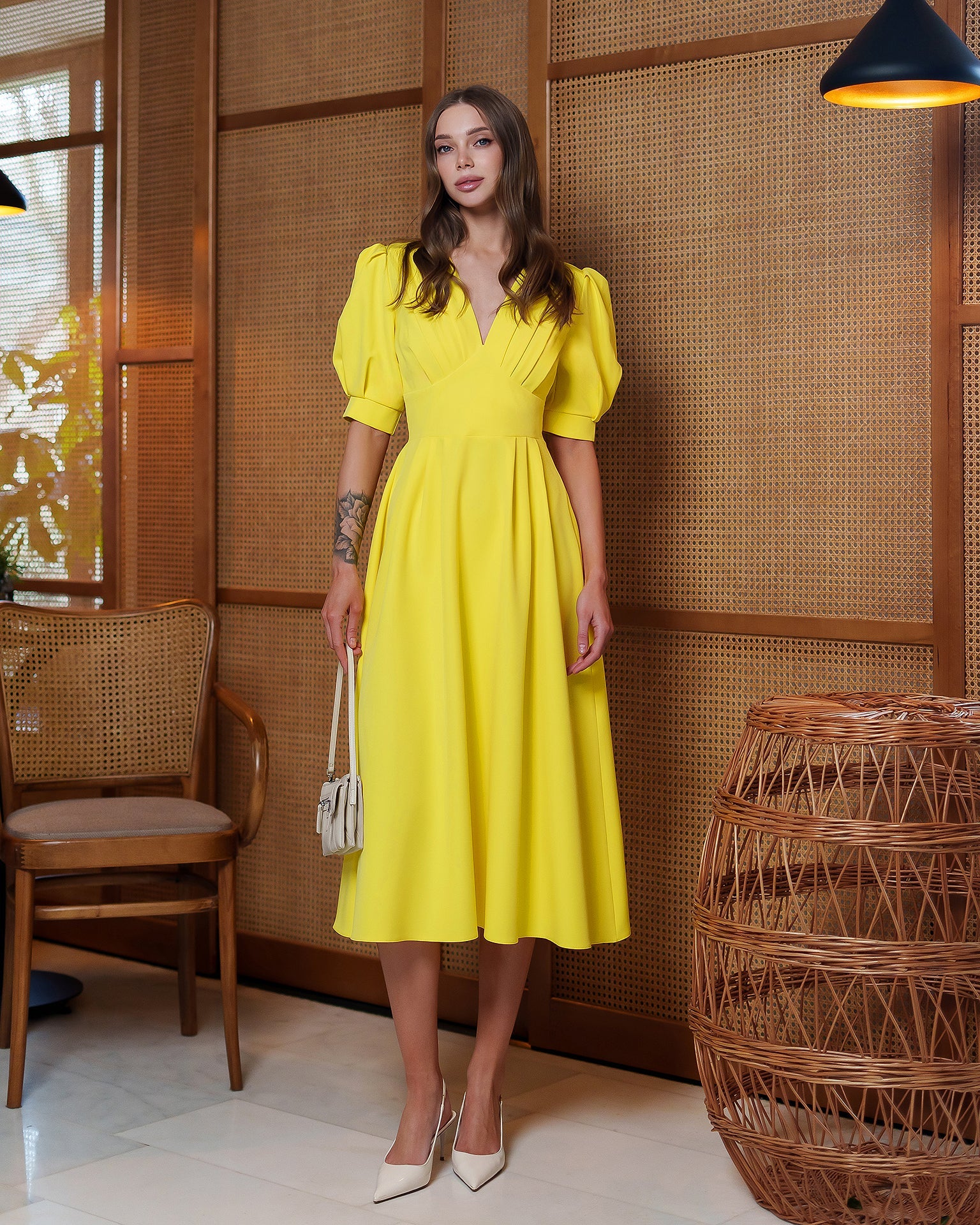 Adriana Yellow V-Neck Puff-Sleeve Midi Dress