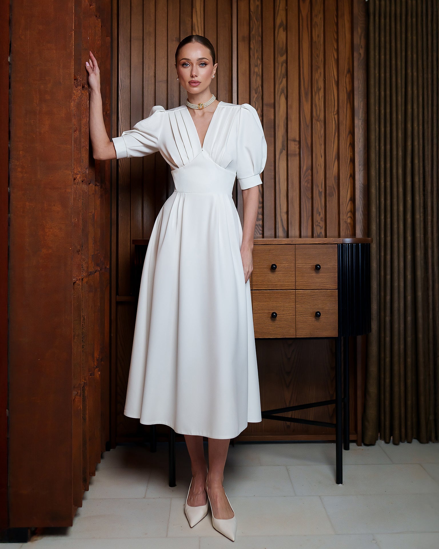 Adriana White V-Neck Puff-Sleeve Midi Dress