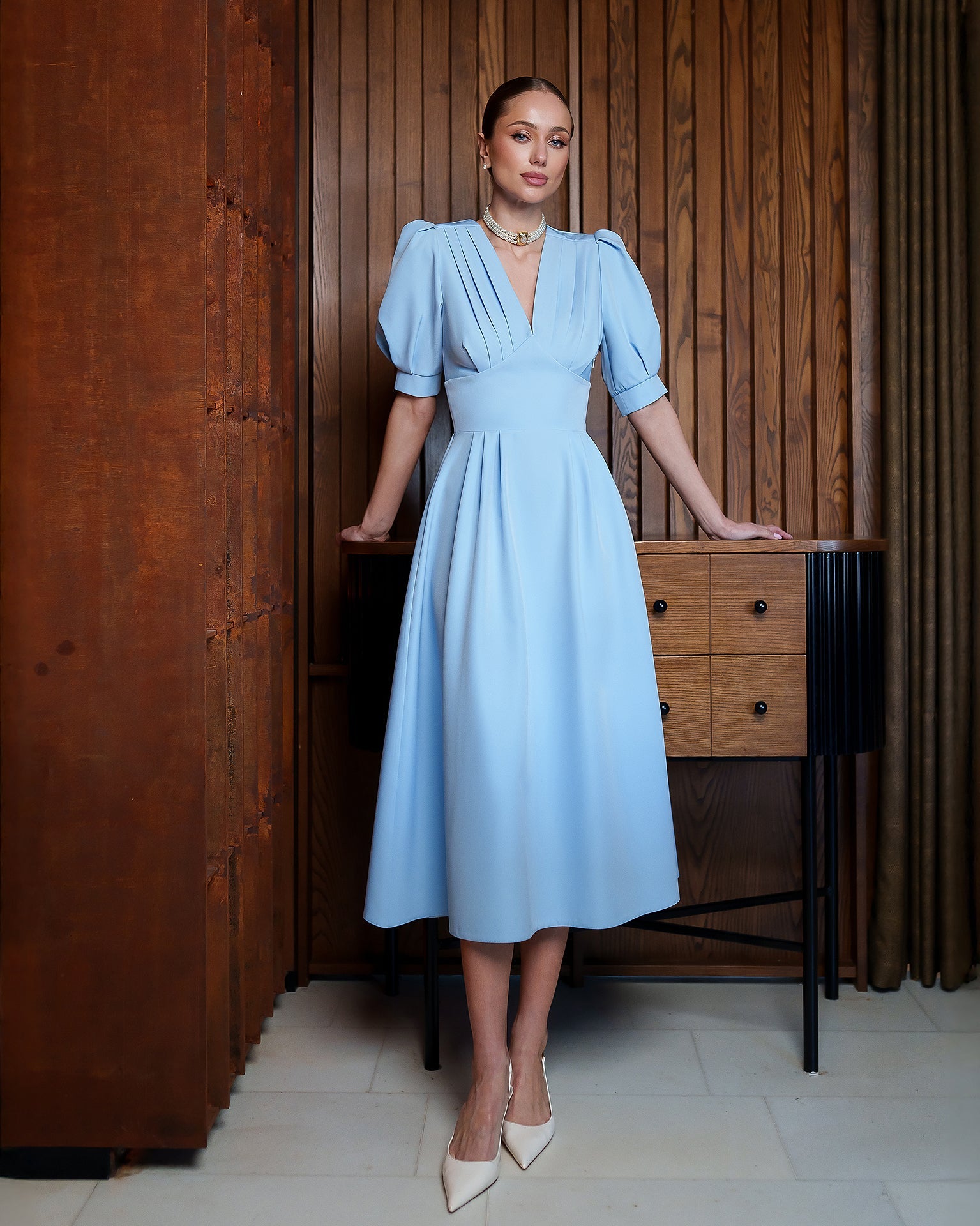 Adriana Sky-Blue V-Neck Puff-Sleeve Crepe Midi Dress
