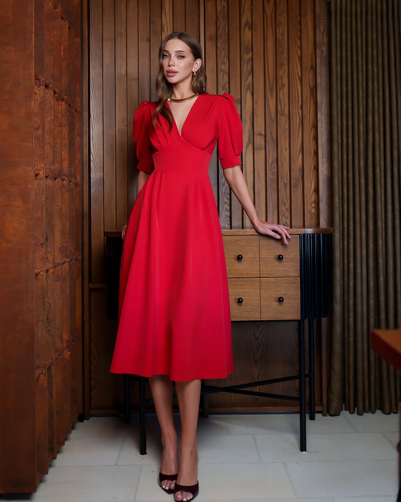 Adriana Red V-Neck Puff-Sleeve Crepe Midi Dress
