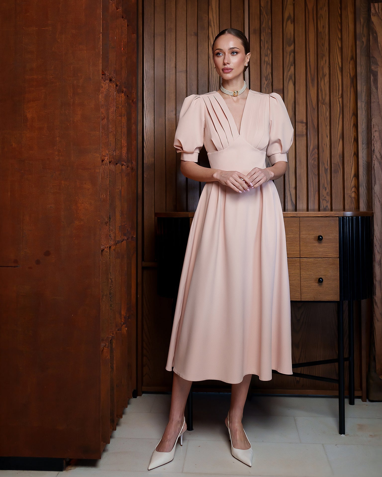 Adriana Beige V-Neck Puff-Sleeve Crepe Midi Dress