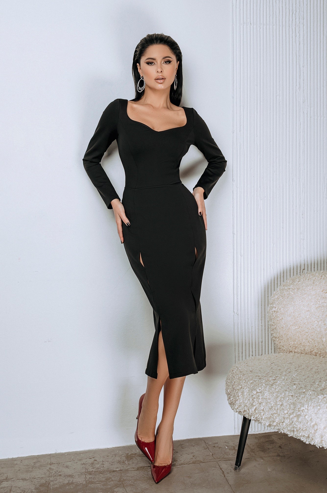 Adriana Black Crepe Queen Anne Long Sleeve Midi Dress