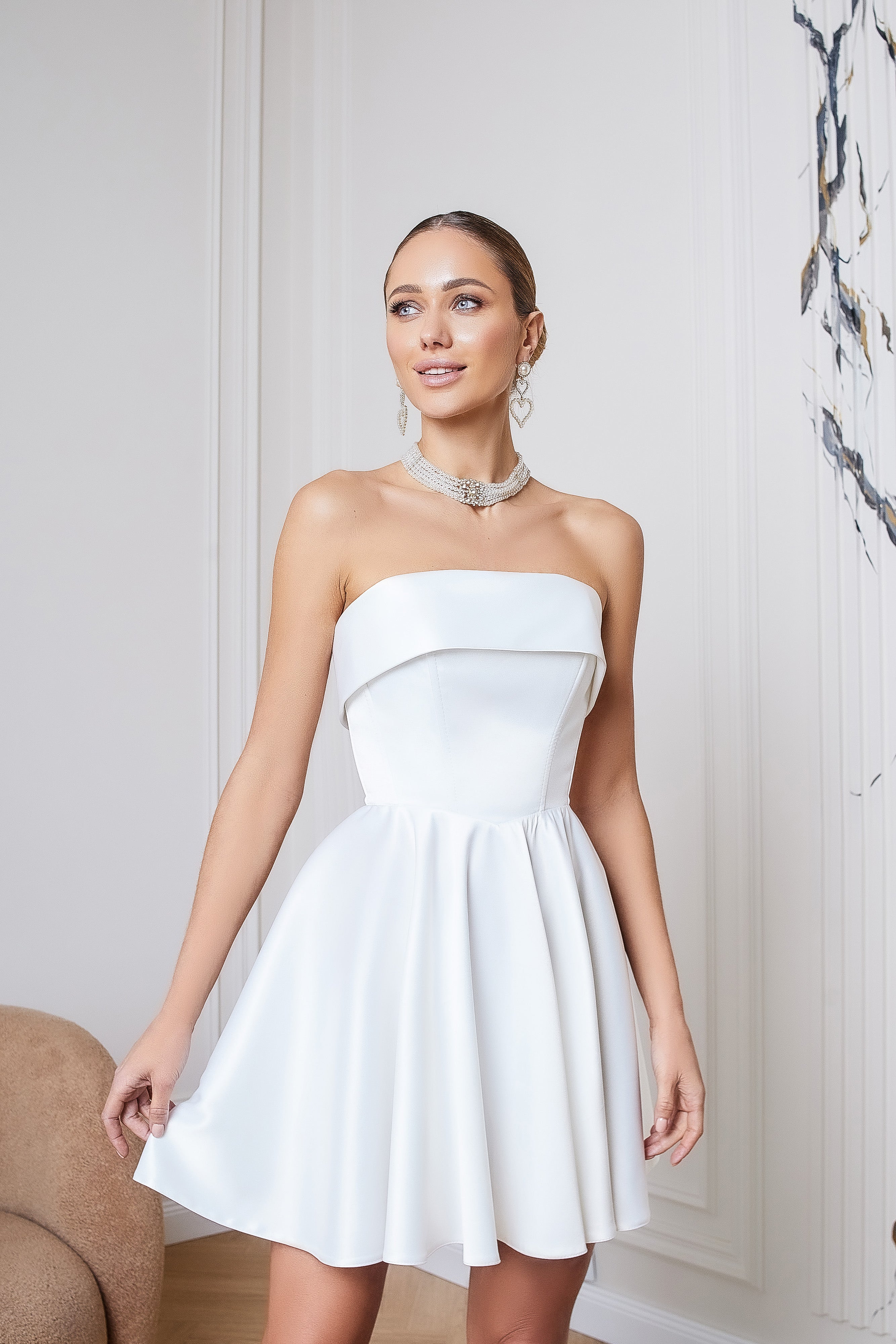 Giulia White Satin Strapless Flared Mini Dress
