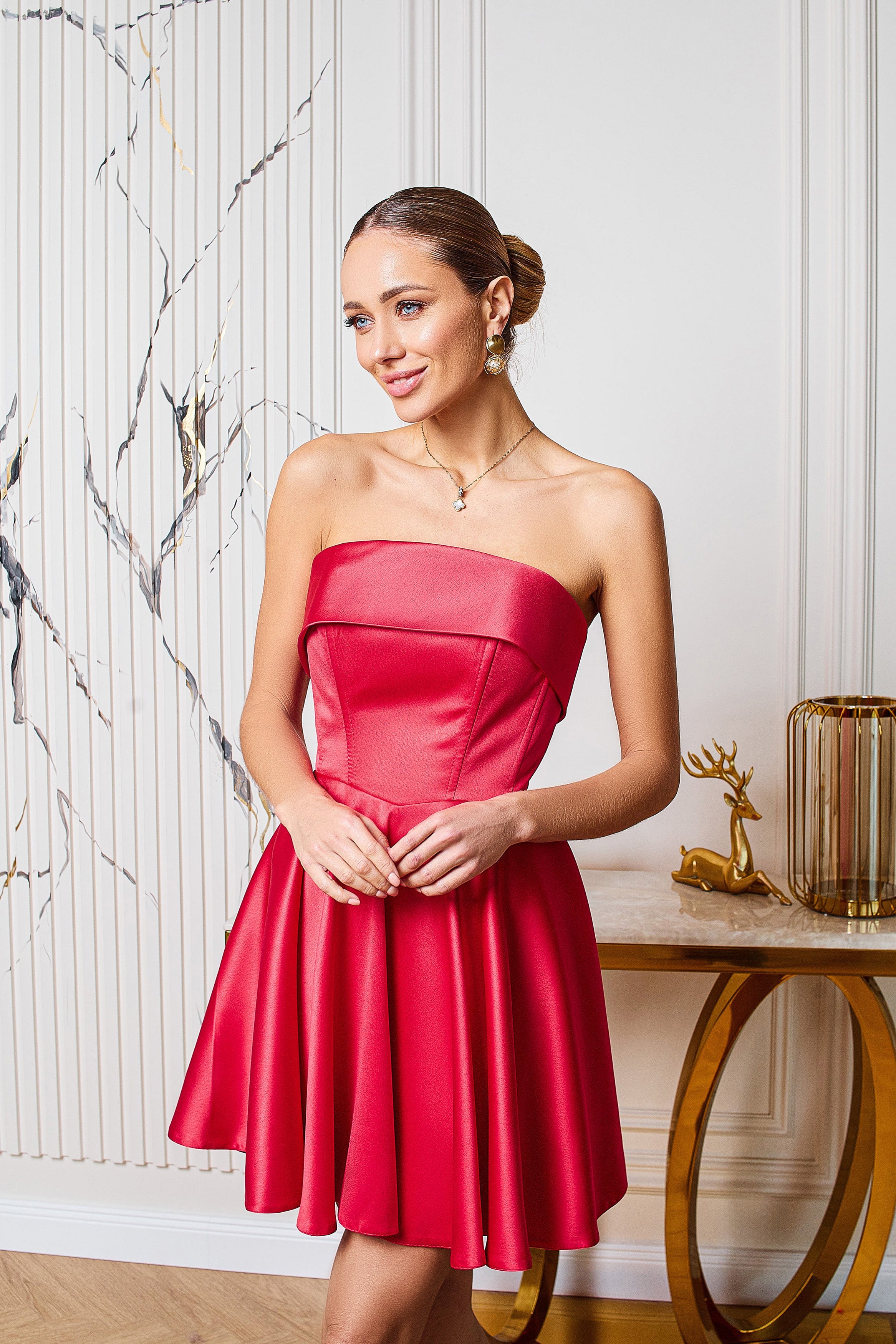 Giulia Red Satin Strapless Flared Mini Dress
