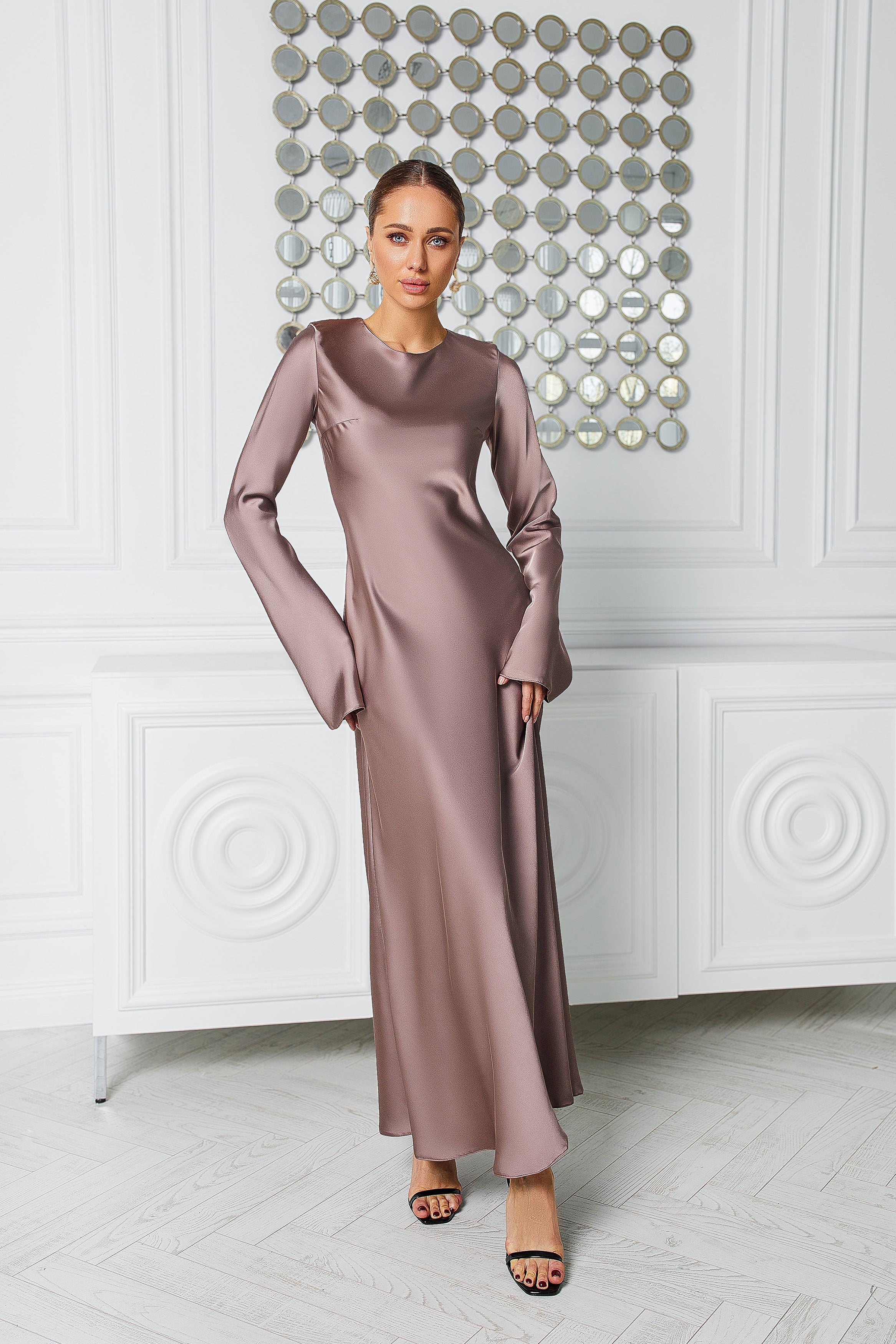 Beatrice Mocca Satin Long Sleeve Maxi Dress