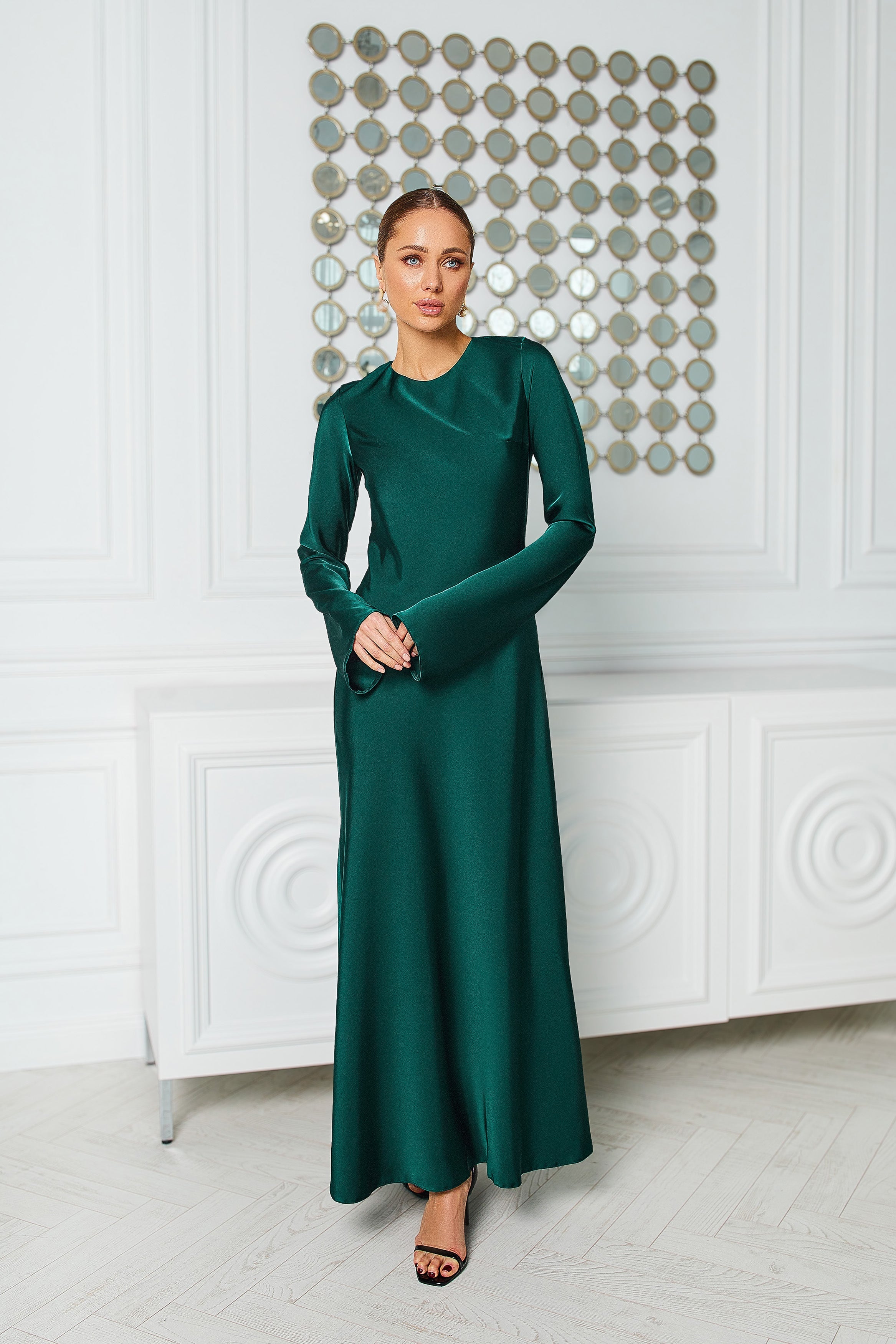 Beatrice Emerald Satin Long Sleeve Maxi Dress