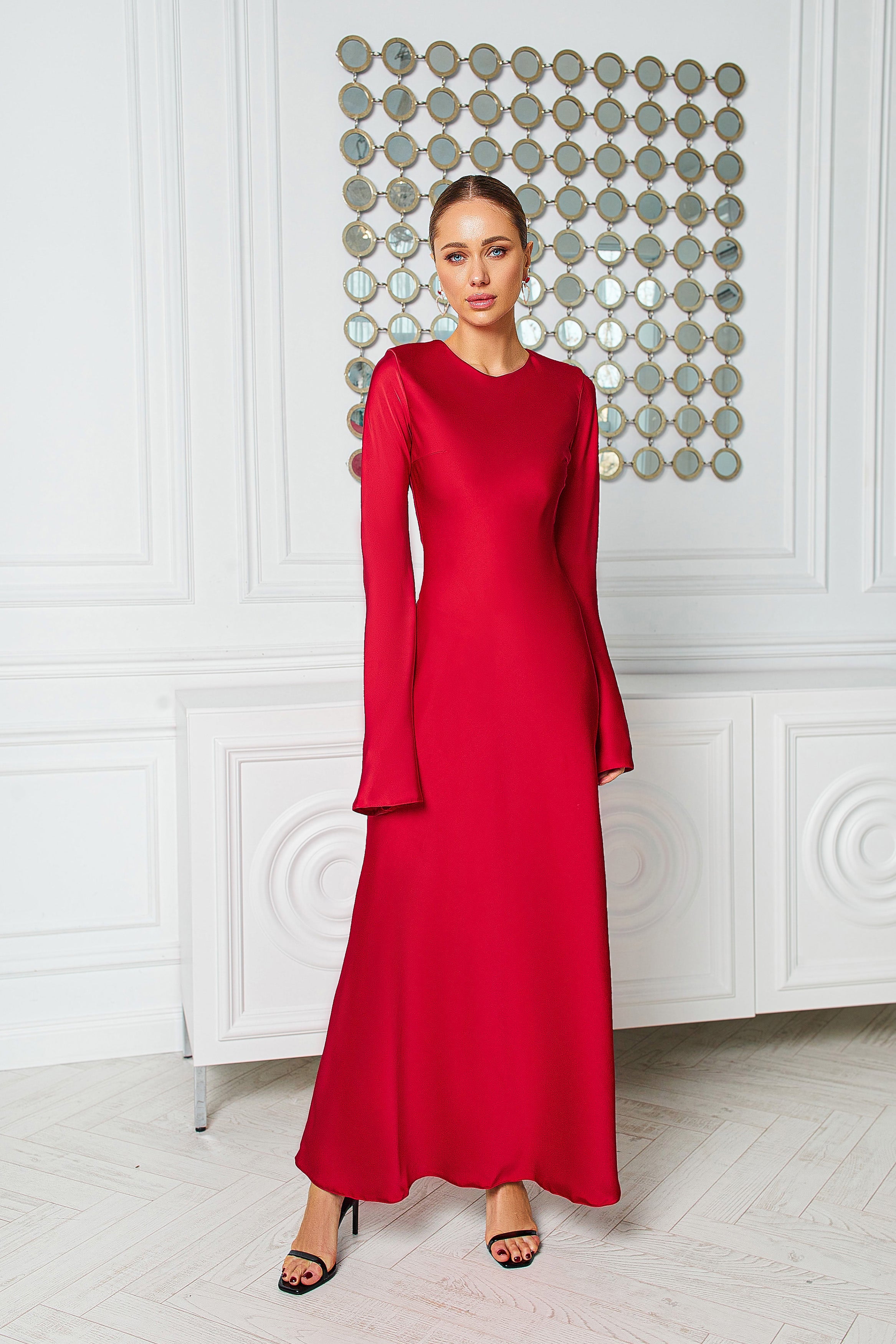 Beatrice Red Satin Long Sleeve Maxi Dress