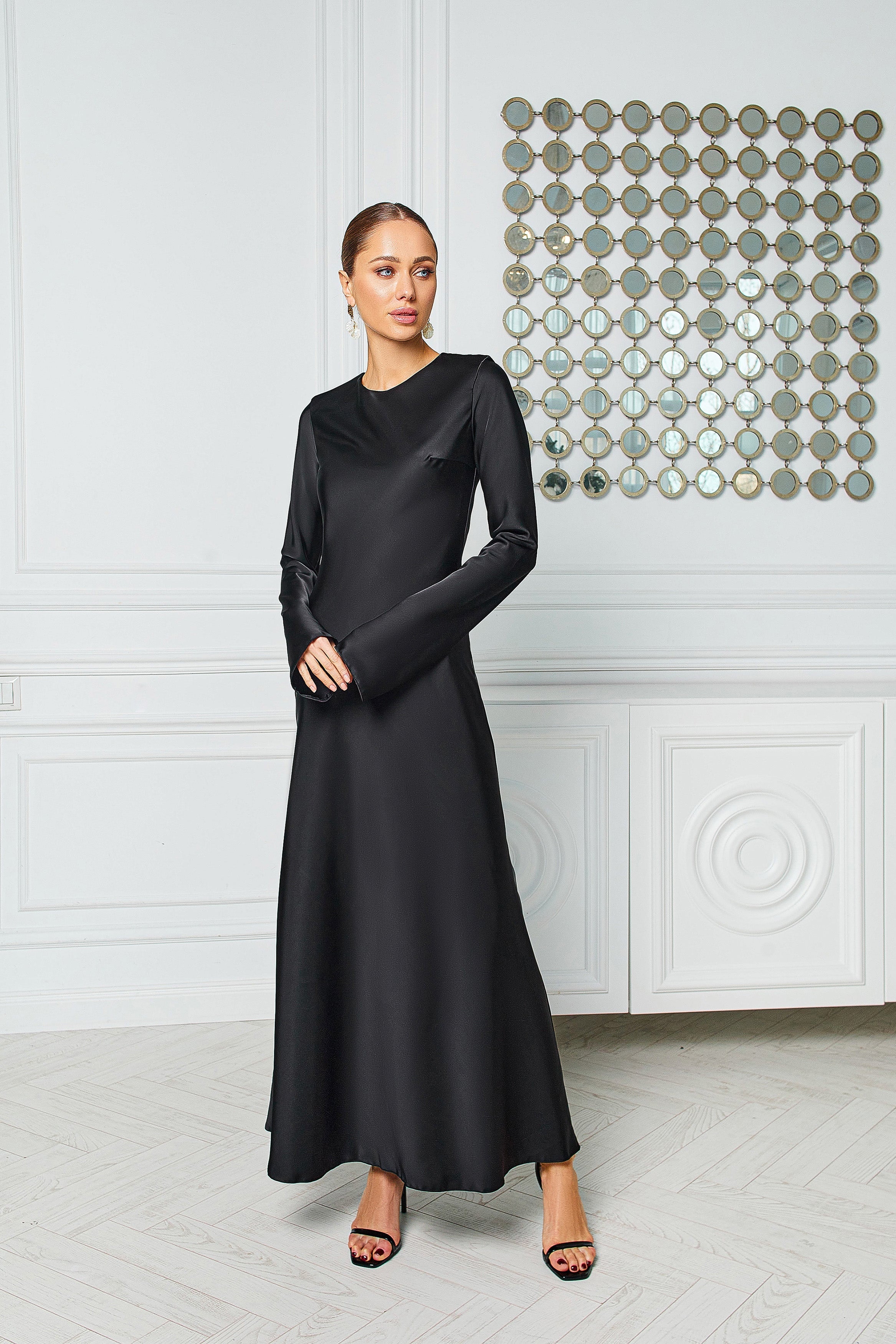 Beatrice Black Satin Long Sleeve Maxi Dress
