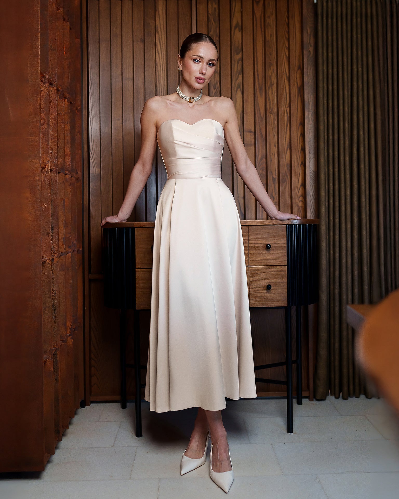 Chiara Beige Satin Strapless Sweetheart Draped Midi Dress
