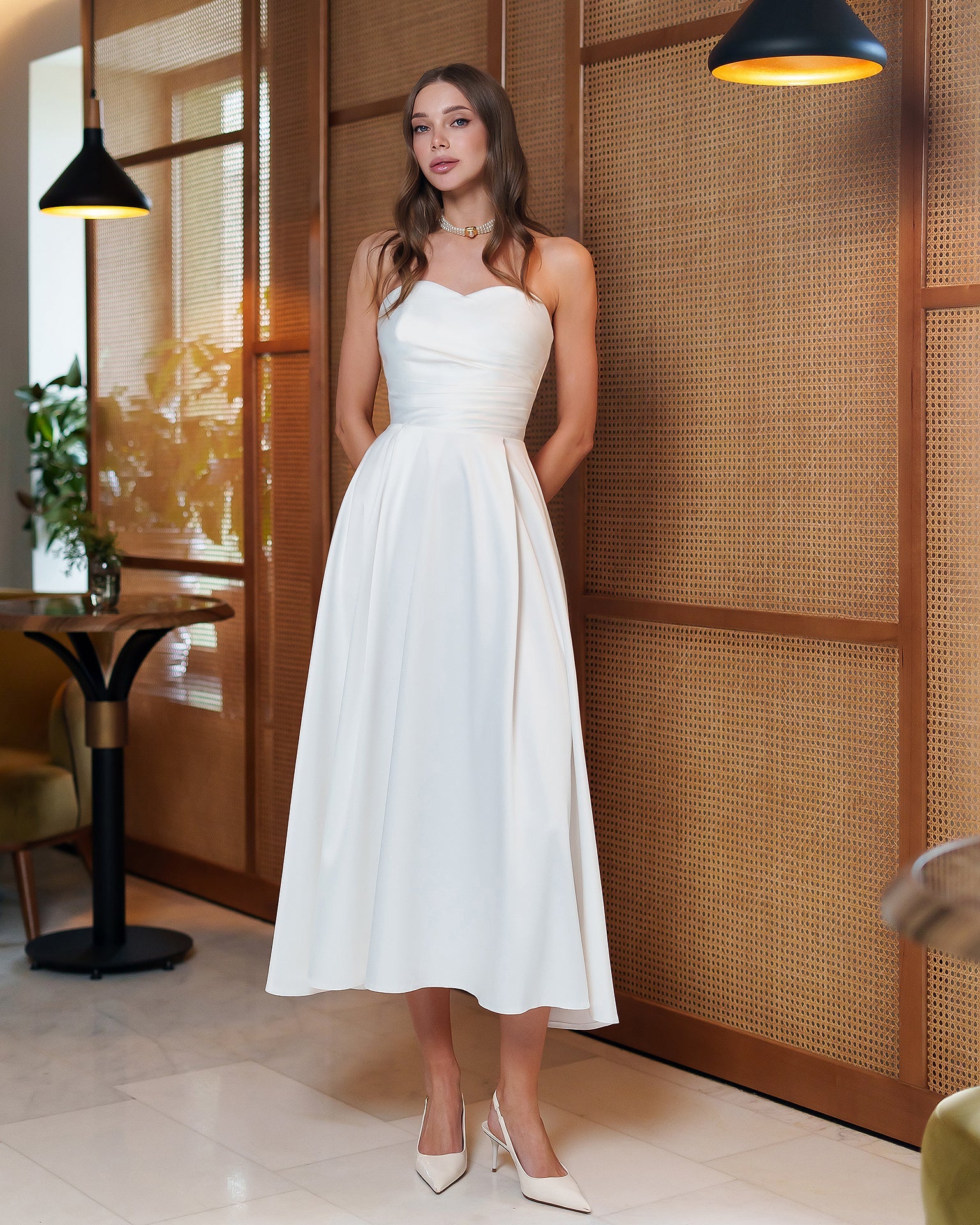 Chiara White Satin Strapless Sweetheart Draped Midi Dress