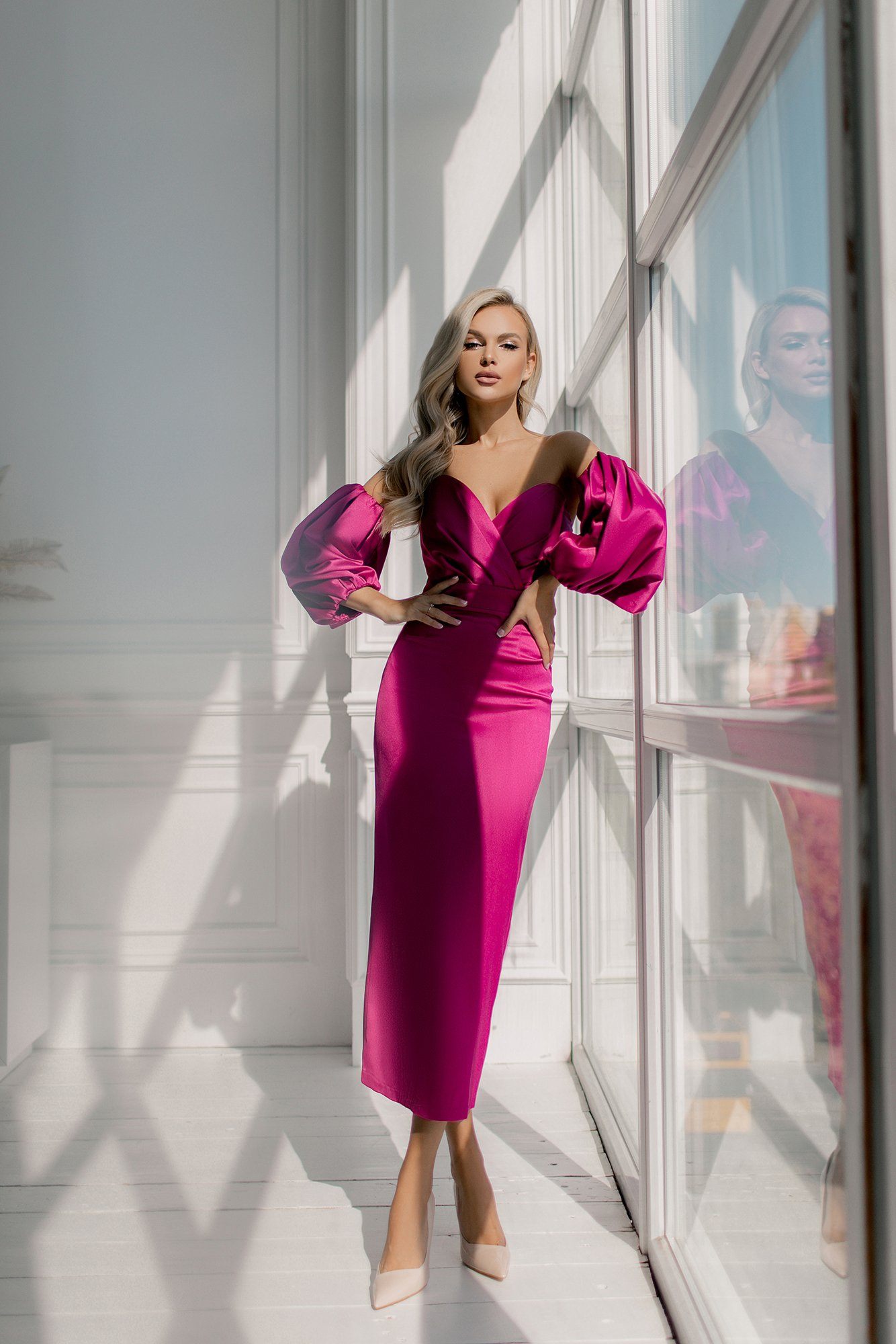 Aurora Fuchsia Puffed Sleeve Midi Prom Dress