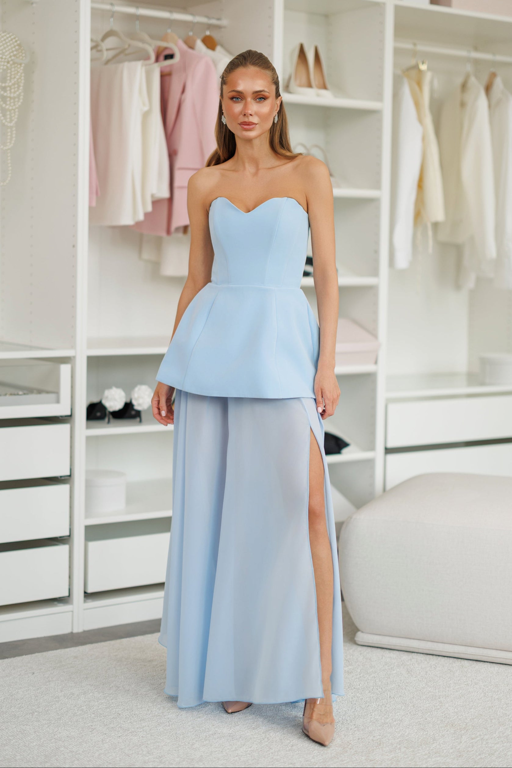 Beatrice Sky-Blue Strapless Sweetheart Chiffon Wide-Leg Maxi Dress