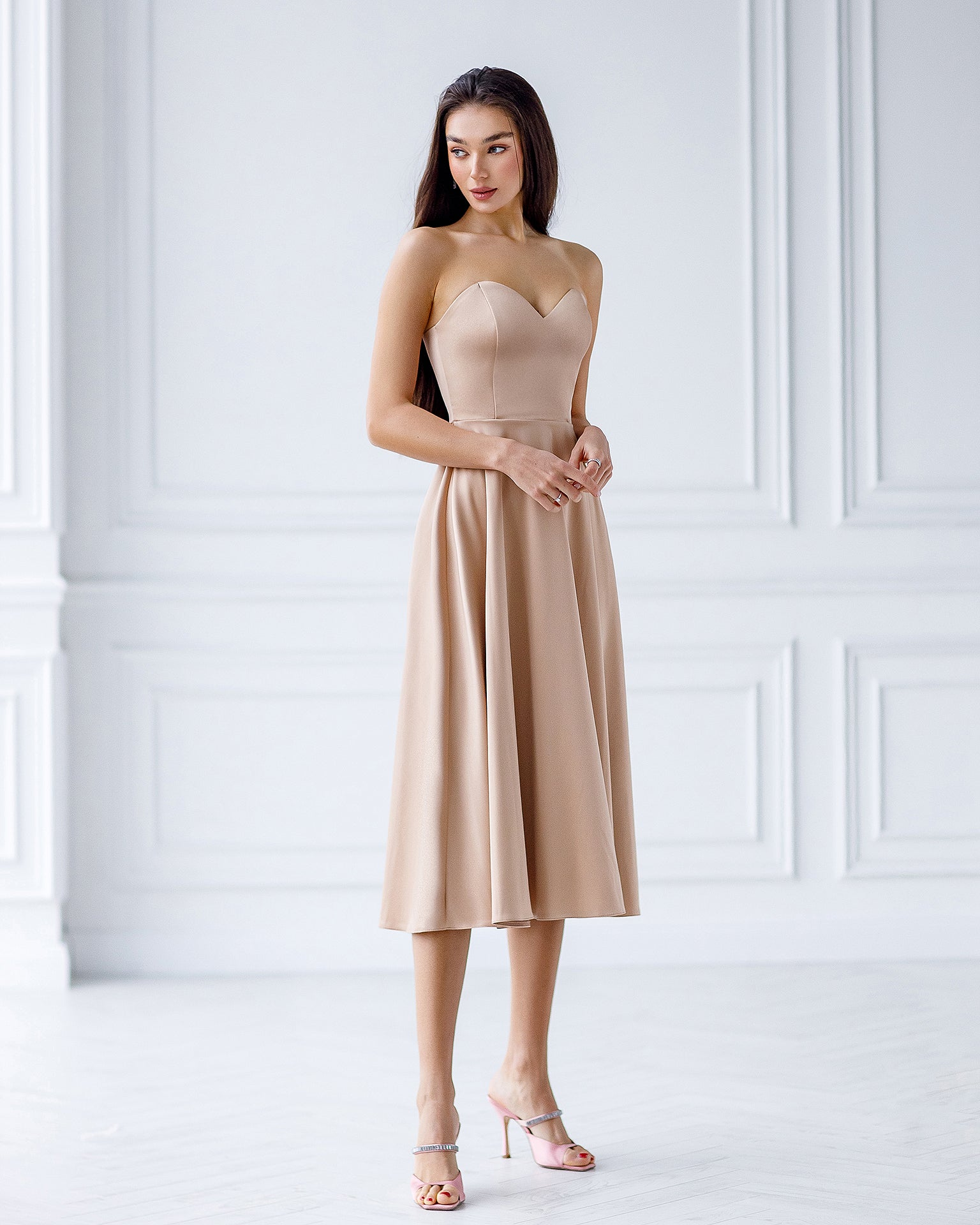 Beatrice Beige Satin Corseted Strapless Midi Dress